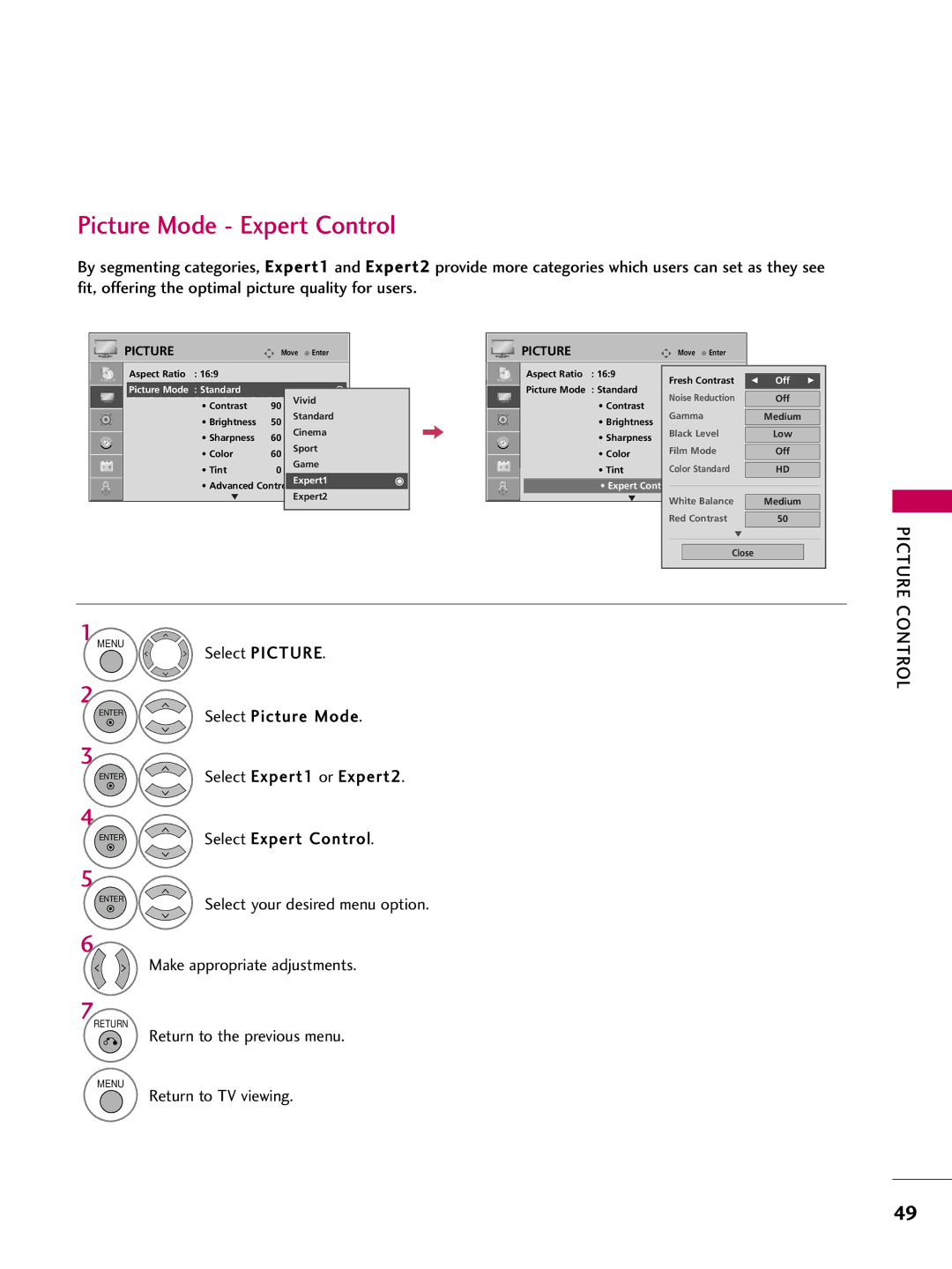 LG Electronics 60PG30C, 42PG20C, 50PG30C owner manual Picture Mode Expert Control, Off Picture Mode Standard 