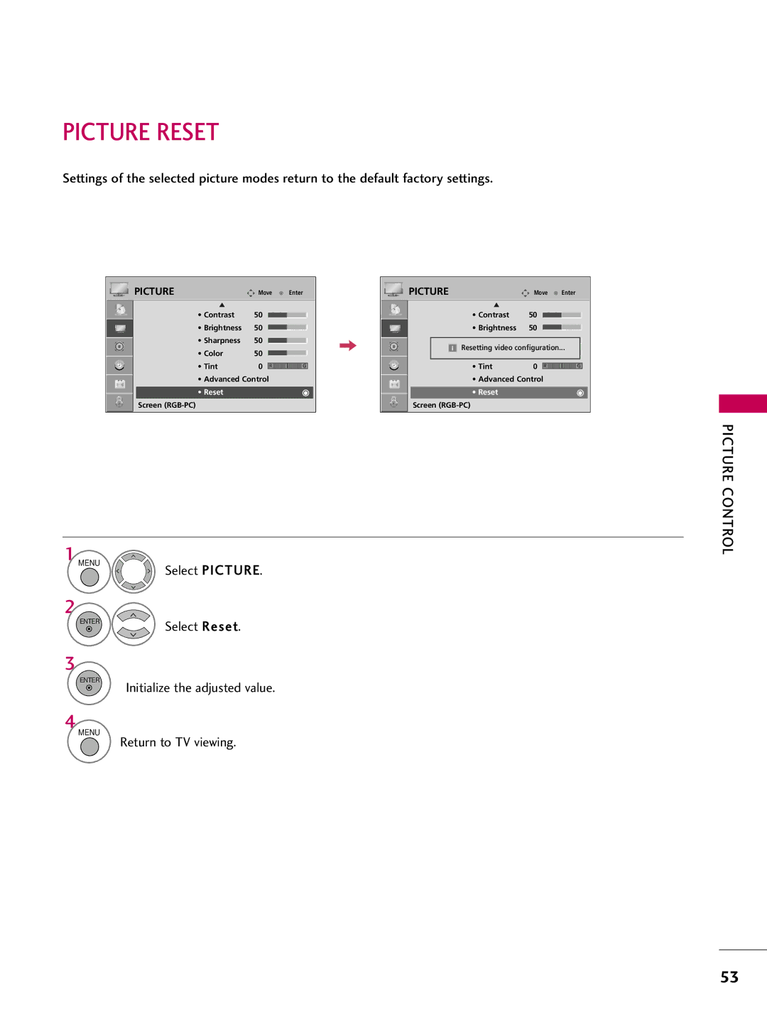 LG Electronics 42PG20C, 60PG30C, 50PG30C owner manual Picture Reset, Initialize the adjusted value 