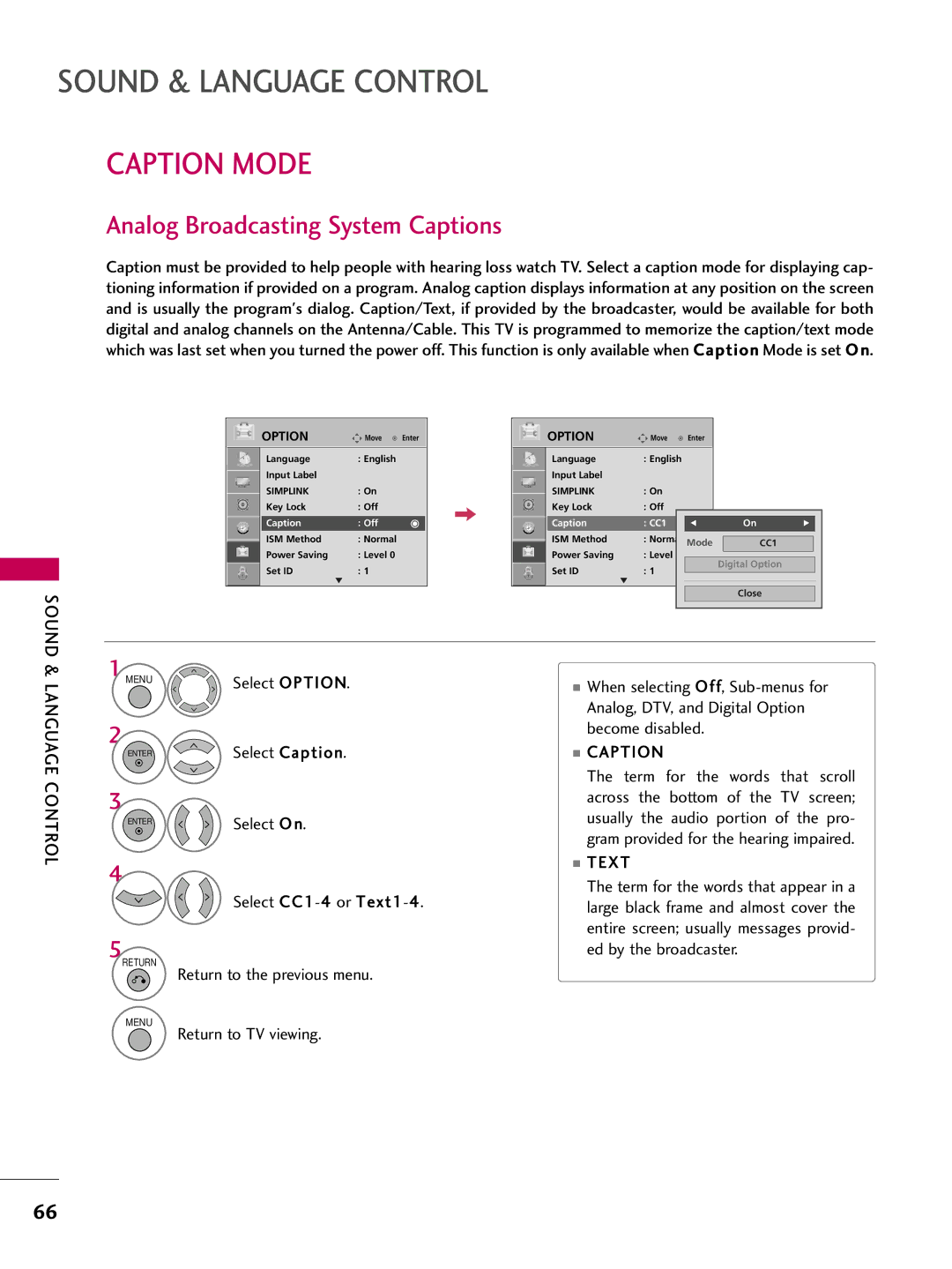 LG Electronics 50PG30C, 60PG30C, 42PG20C owner manual Caption Mode, Analog Broadcasting System Captions, Text 