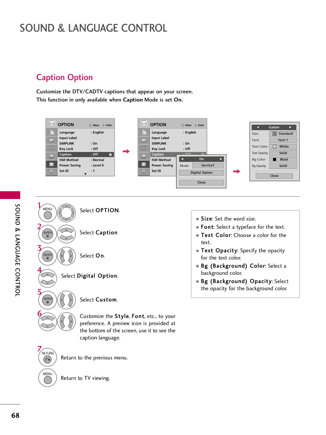 LG Electronics 42PG20C, 60PG30C, 50PG30C owner manual Caption Option, Size Set the word size 