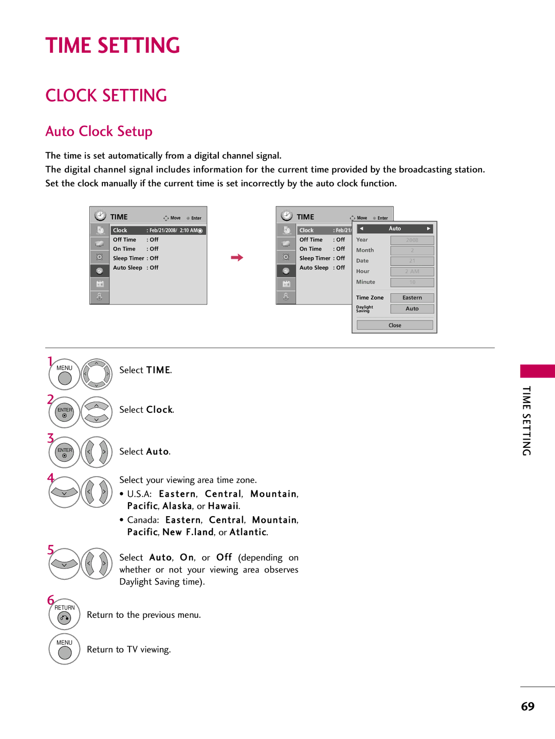 LG Electronics 50PG30C, 60PG30C, 42PG20C owner manual Time Setting, Clock Setting, Auto Clock Setup 