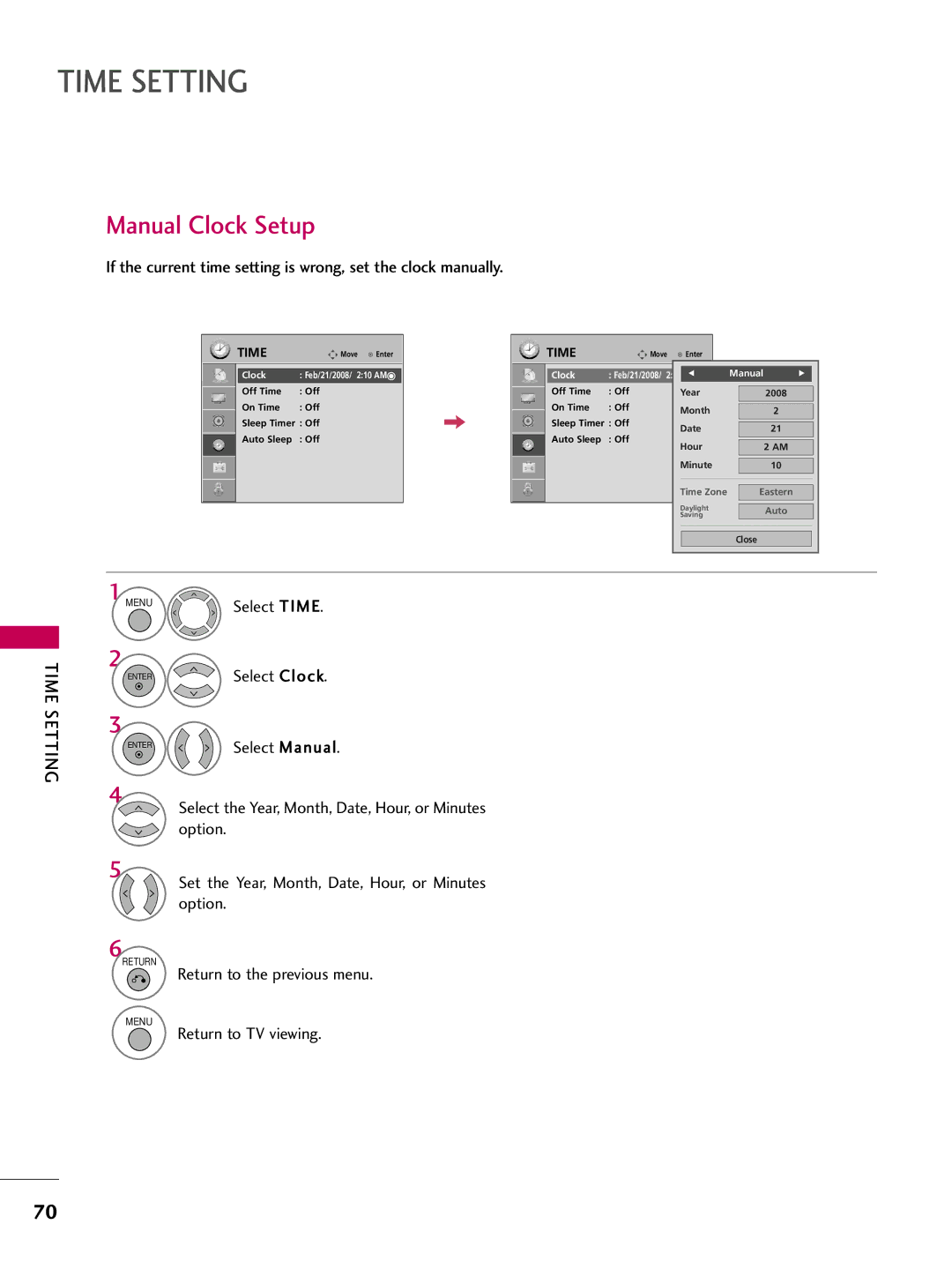 LG Electronics 60PG30C, 42PG20C, 50PG30C Manual Clock Setup, If the current time setting is wrong, set the clock manually 