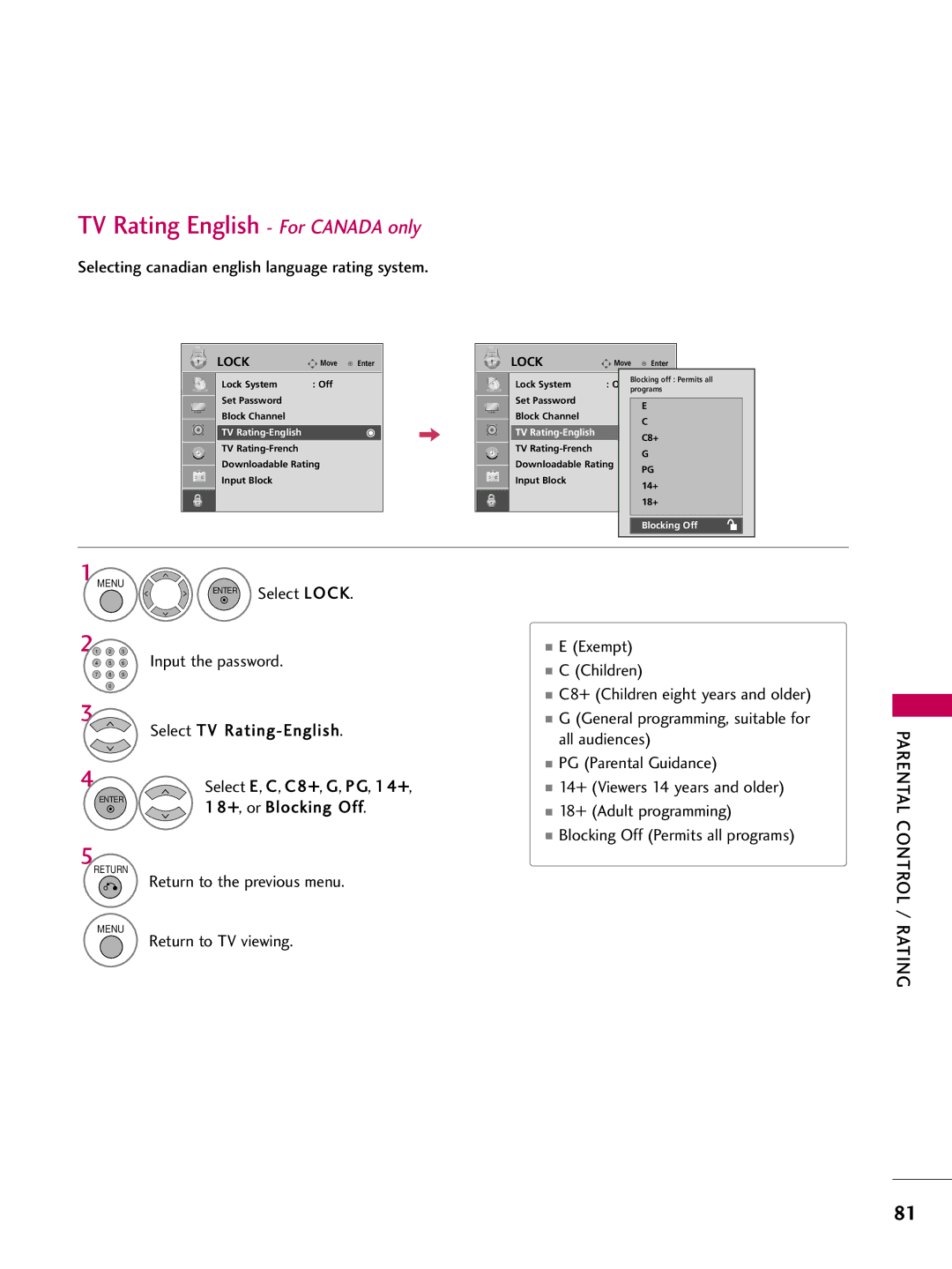 LG Electronics 50PG30C TV Rating English For Canada only, Selecting canadian english language rating system, Select Lock 