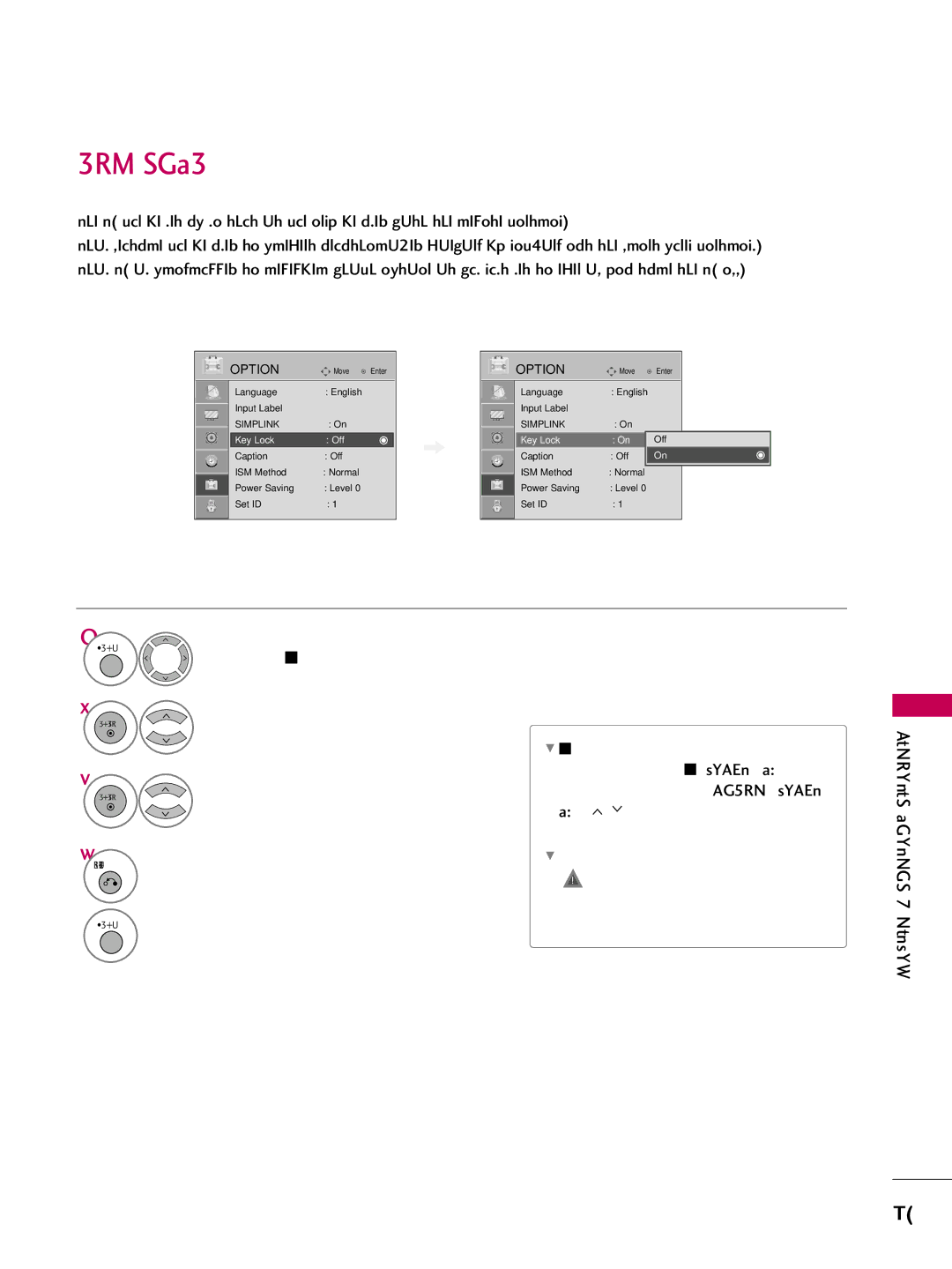 LG Electronics 60PG30C, 42PG20C, 50PG30C owner manual KEY Lock, Select Option 