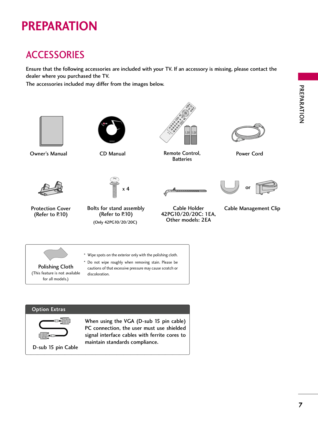 LG Electronics 60PG30C, 42PG20C, 50PG30C owner manual Preparation, Accessories 