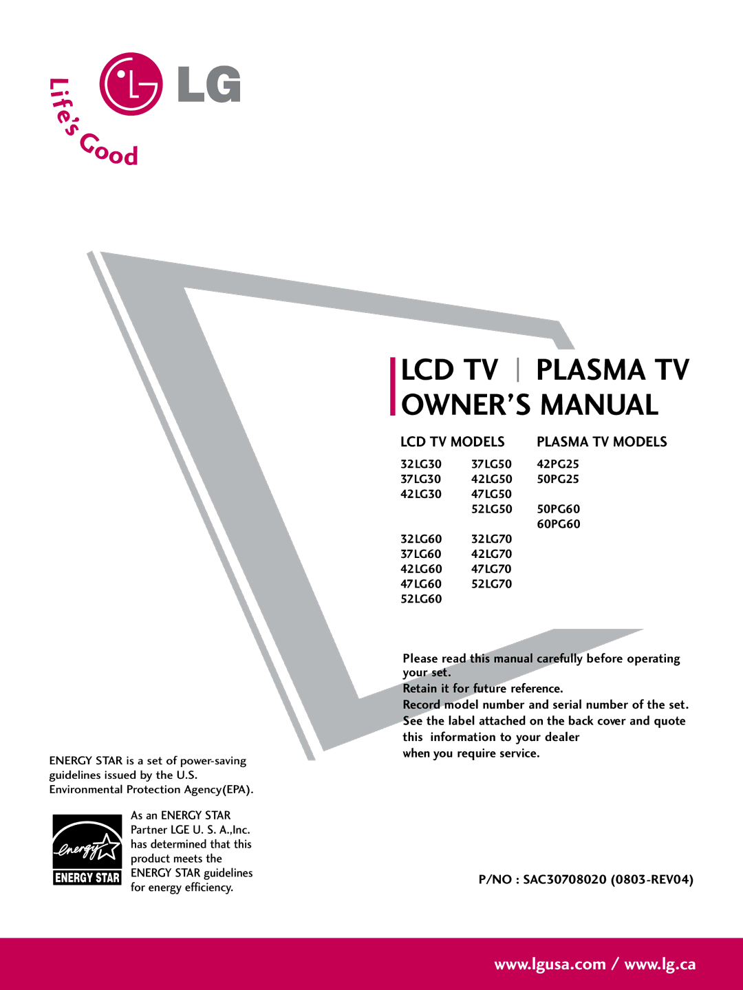 LG Electronics 5270, 60PG60, 5260, 50PG60, 4770, 4760, 42PG25, 4270, 4260, 4230, 4250, 3760, 3750, 3730 owner manual LCD TV Plasma TV 