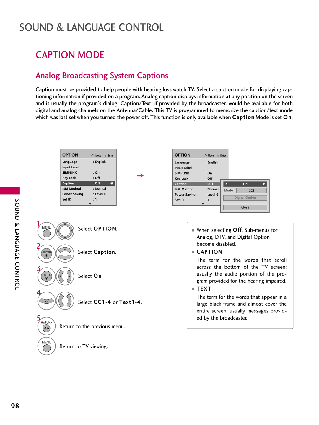 LG Electronics 4760, 60PG60, 5270, 5260, 50PG60, 4770, 42PG25, 4270, 4260 Caption Mode, Analog Broadcasting System Captions, Text 