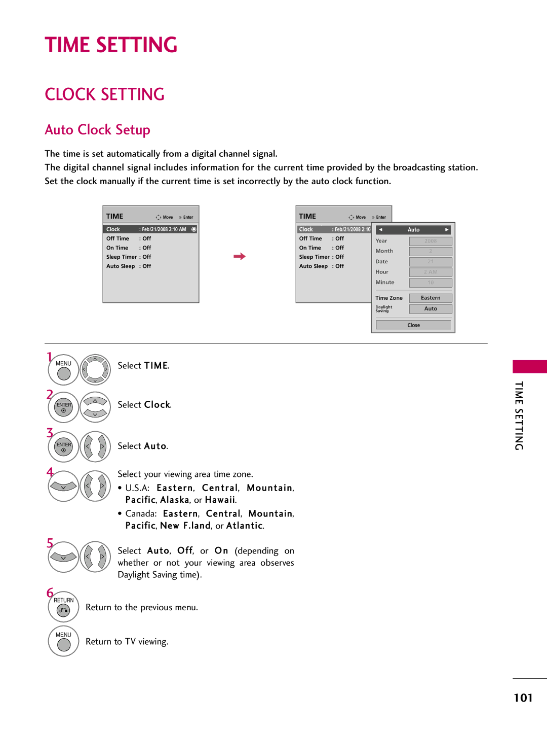 LG Electronics 4260, 60PG60, 5270, 5260, 50PG60, 4770, 4760, 42PG25, 4270, 4230, 4250 Time Setting, Clock Setting, Auto Clock Setup 