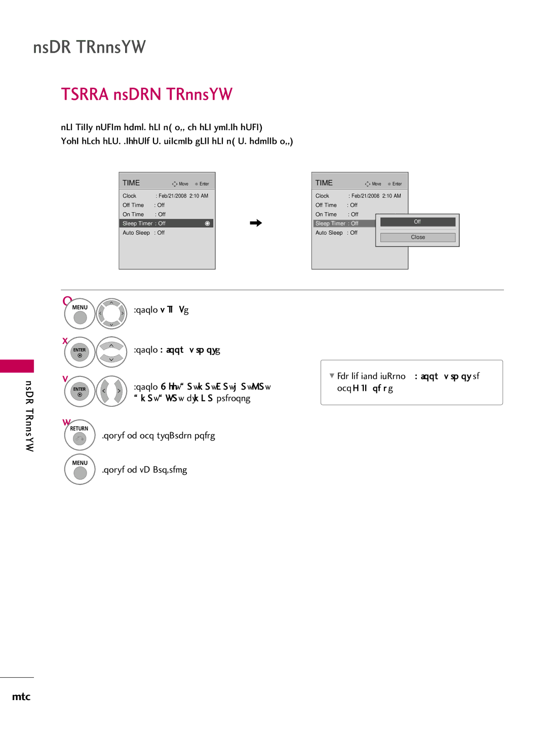 LG Electronics 3760, 60PG60, 5270 Sleep Timer Setting, Select Time Select Sleep Timer, Select Off, 1 0, 2 0, 3 0, 6 0, 9 