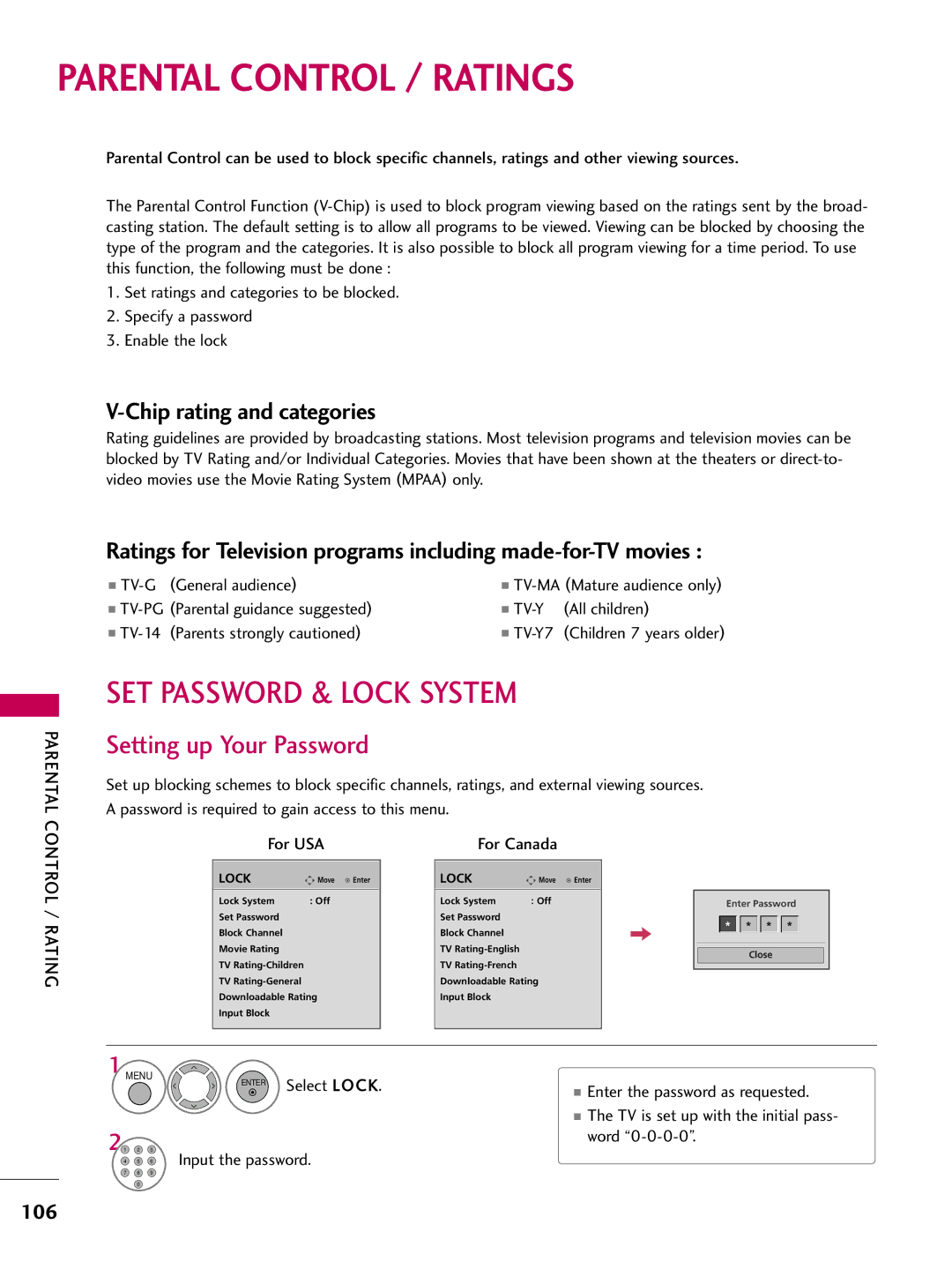 LG Electronics 3730, 60PG60, 5270, 5260 Parental Control / Ratings, SET Password & Lock System, Setting up Your Password 