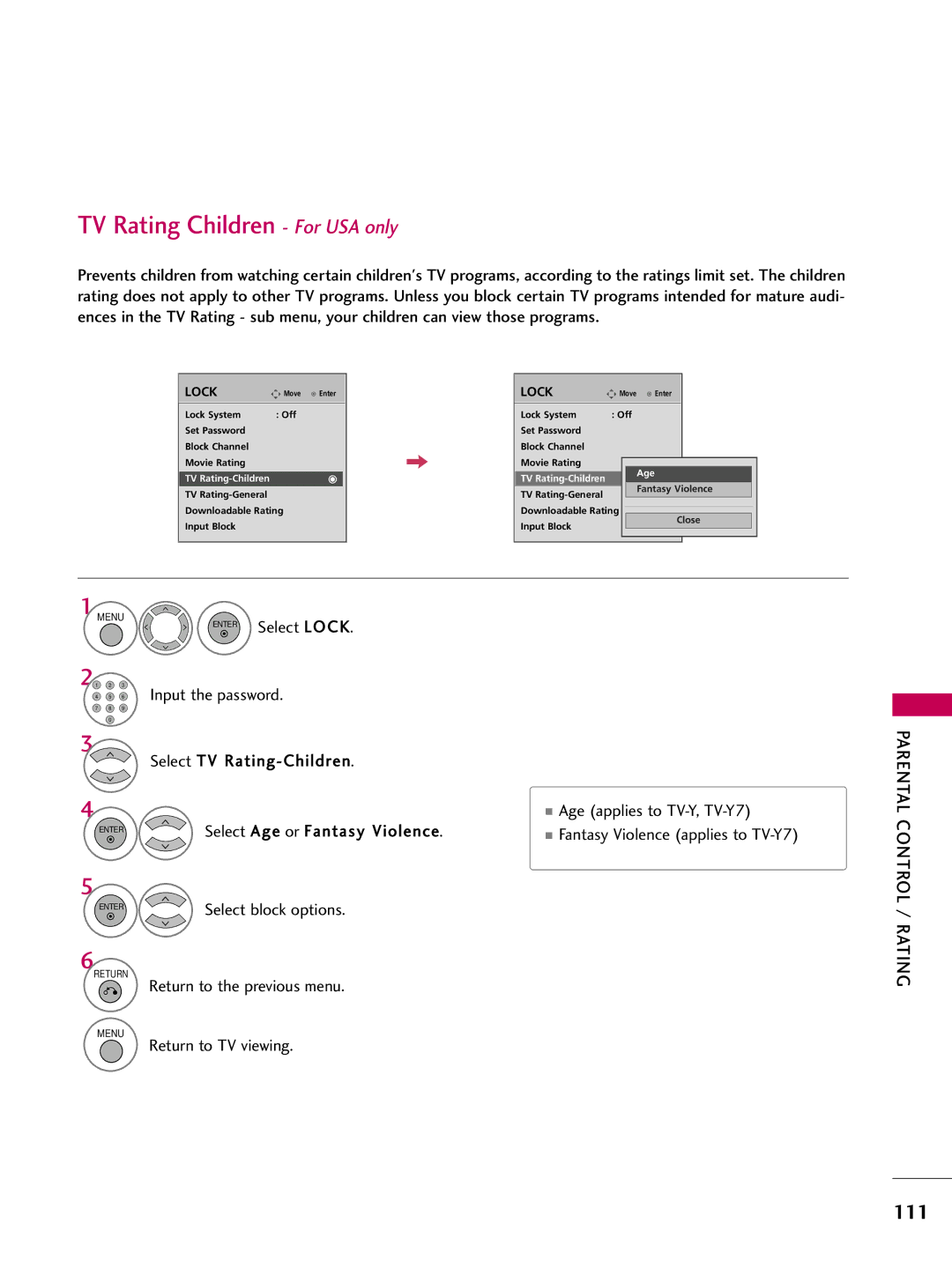 LG Electronics 5250, 60PG60, 5270, 5260, 50PG60, 4770, 4760, 42PG25, 4270, 4260, 4230, 4250, 3760 TV Rating Children For USA only 