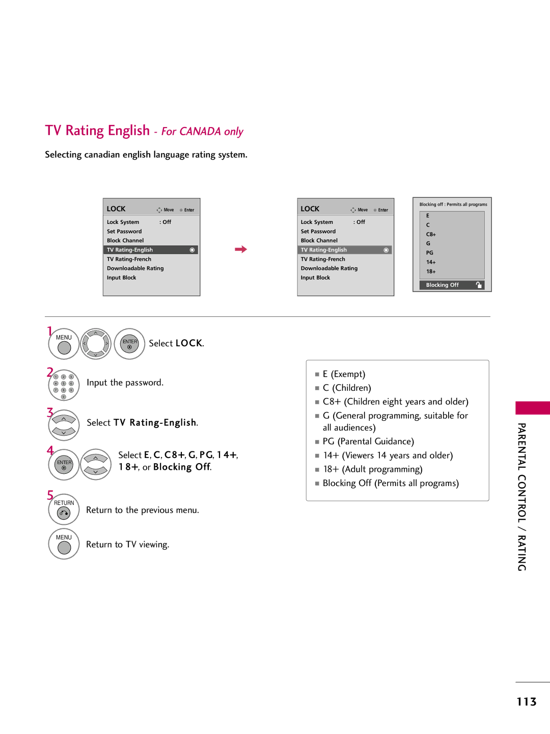 LG Electronics 5270, 60PG60, 5260, 50PG60, 4770, 4760, 42PG25 TV Rating English For Canada only, Parental, Control / Rating 