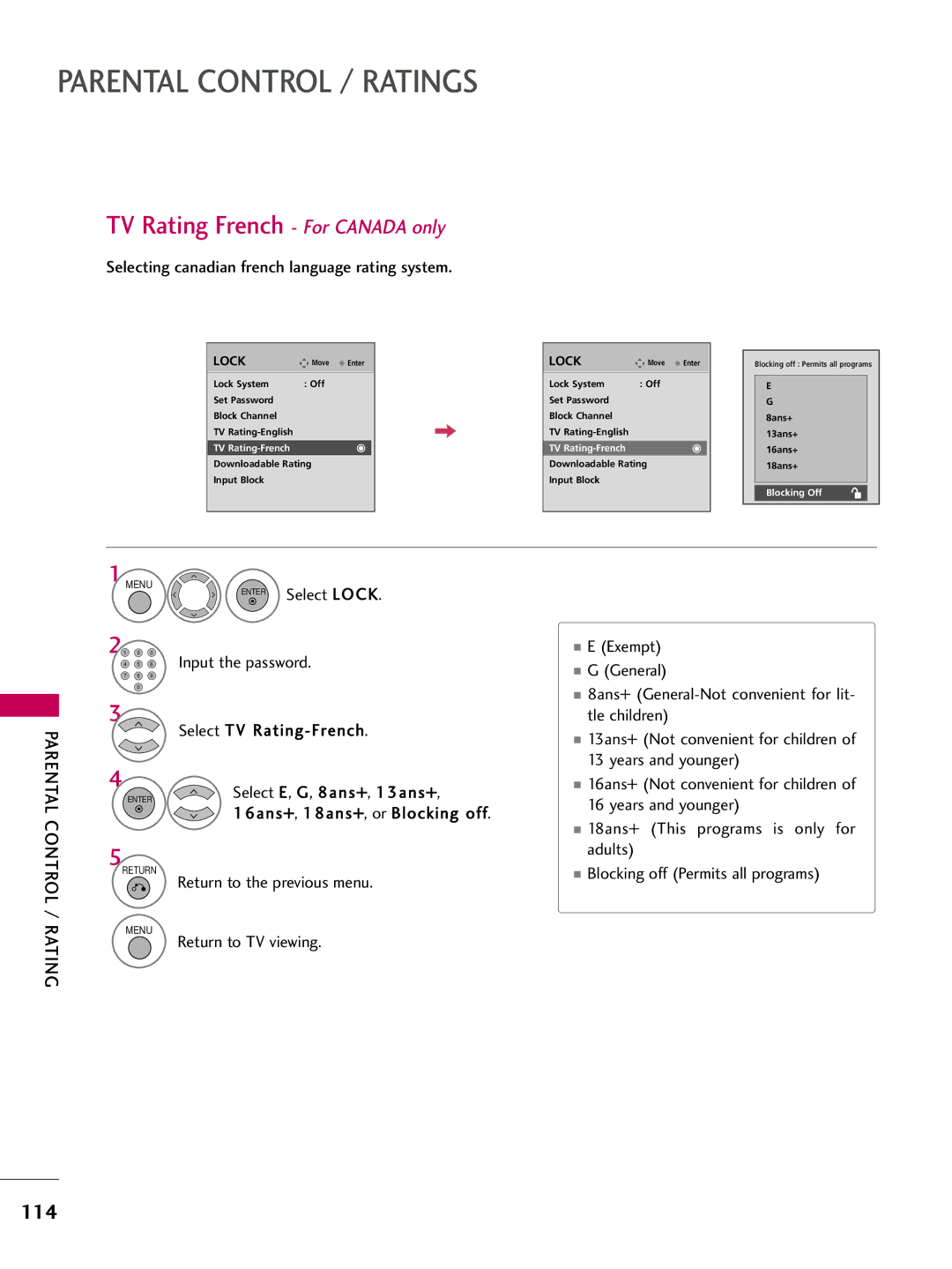 LG Electronics 5260, 60PG60, 5270, 50PG60 TV Rating French For Canada only, Selecting canadian french language rating system 