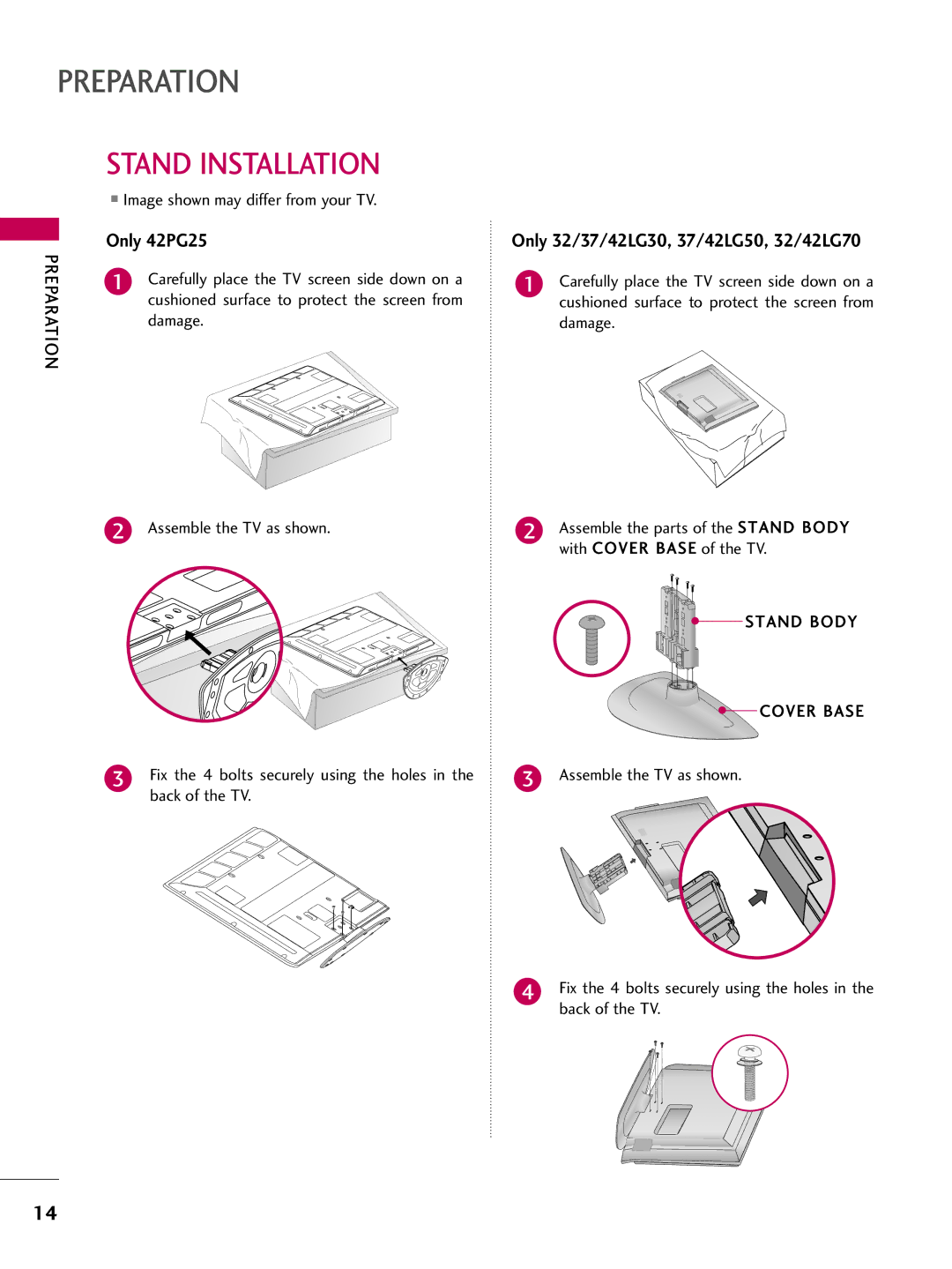 LG Electronics 4750, 5270 Stand Installation, Only 42PG25, Only 32/37/42LG30, 37/42LG50, 32/42LG70, Stand Body, Cover Base 