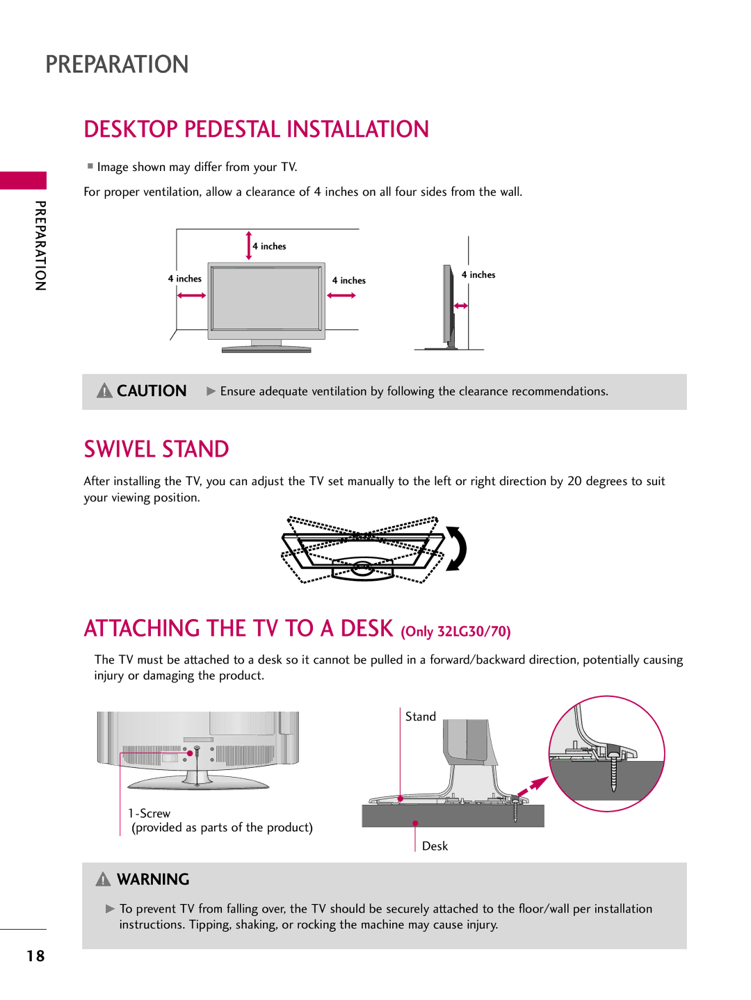 LG Electronics 5270, 60PG60, 5260, 50PG60, 4770, 4760, 42PG25, 4270, 4260, 4230, 4250 Desktop Pedestal Installation, Swivel Stand 