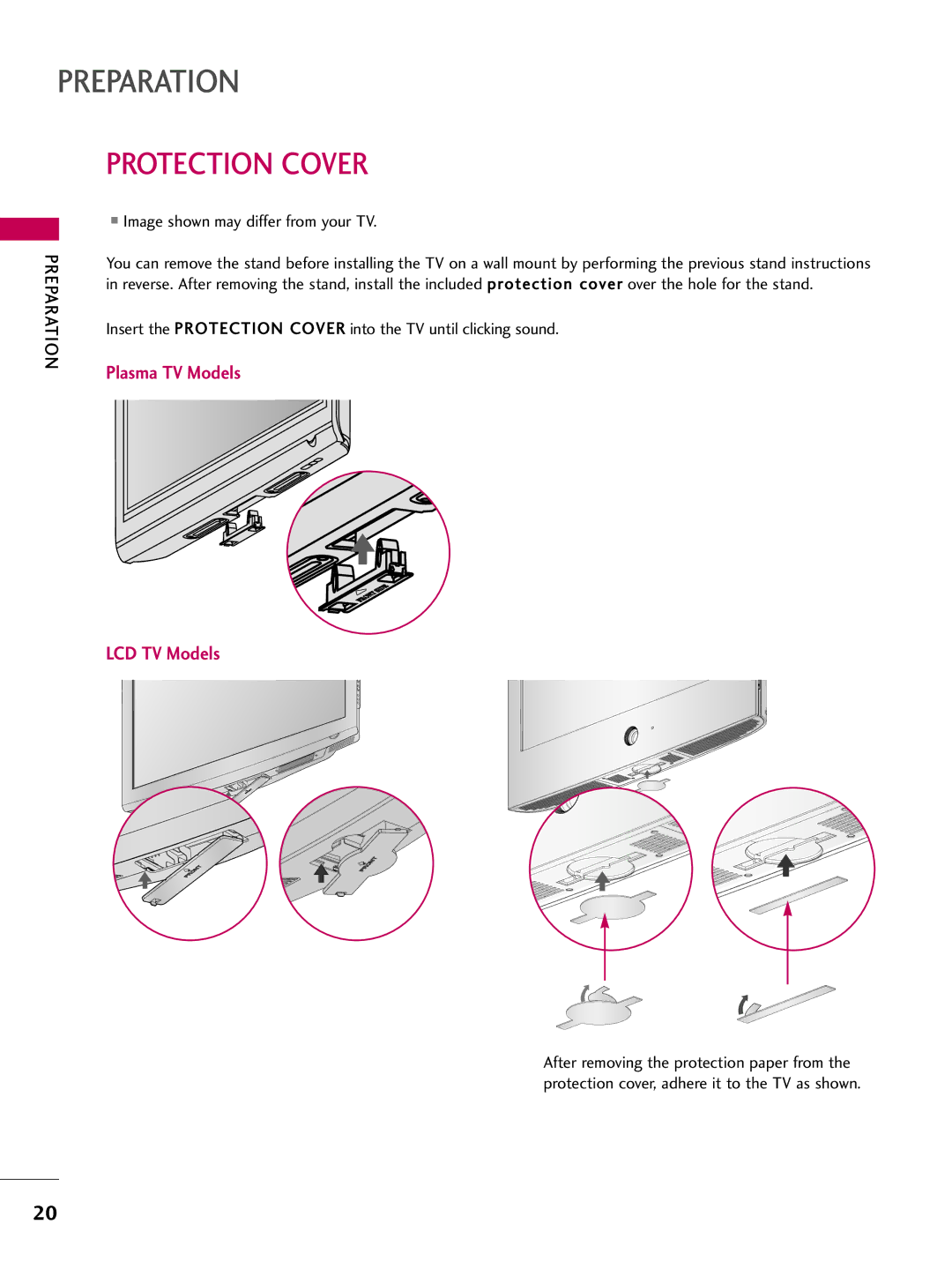 LG Electronics 50PG60, 60PG60, 5270, 5260, 4770, 4760, 42PG25 Insert the Protection Cover into the TV until clicking sound 