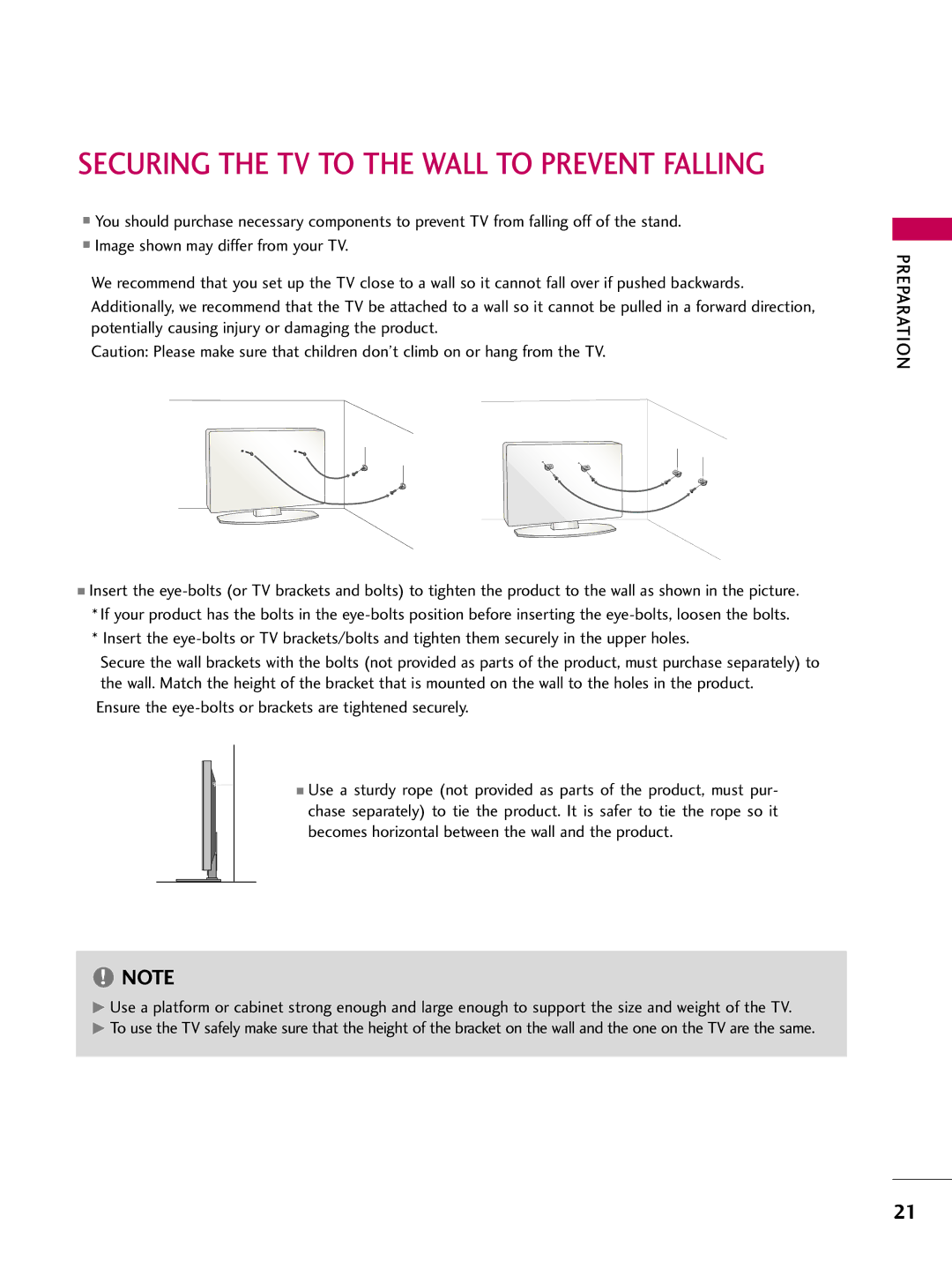 LG Electronics 4770, 60PG60, 5270, 5260, 50PG60, 4760, 42PG25, 4270, 4260, 4230 Securing the TV to the Wall to Prevent Falling 