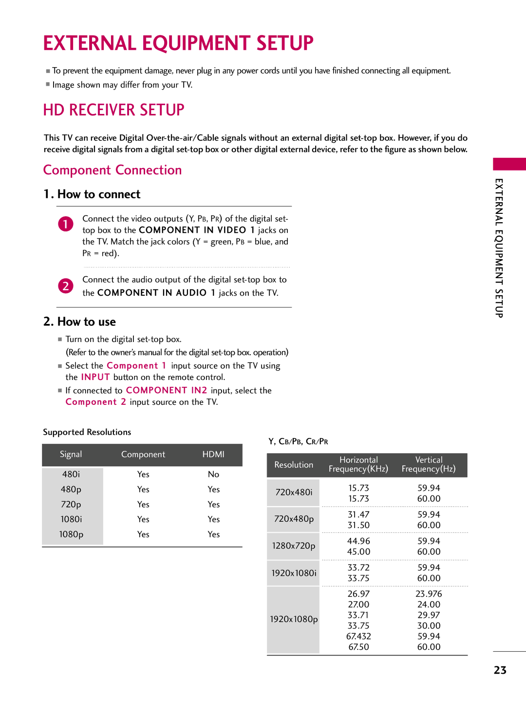 LG Electronics 42PG25, 5270 External Equipment Setup, HD Receiver Setup, Component Connection, How to connect, How to use 