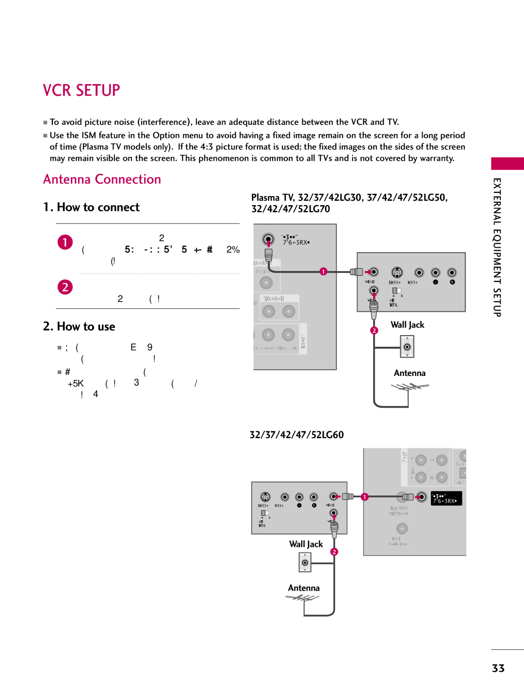 LG Electronics 4750, 60PG60, 5270, 5260, 50PG60, 4770 VCR Setup, Antenna Connection, Equipment, Antenna in socket of the VCR 