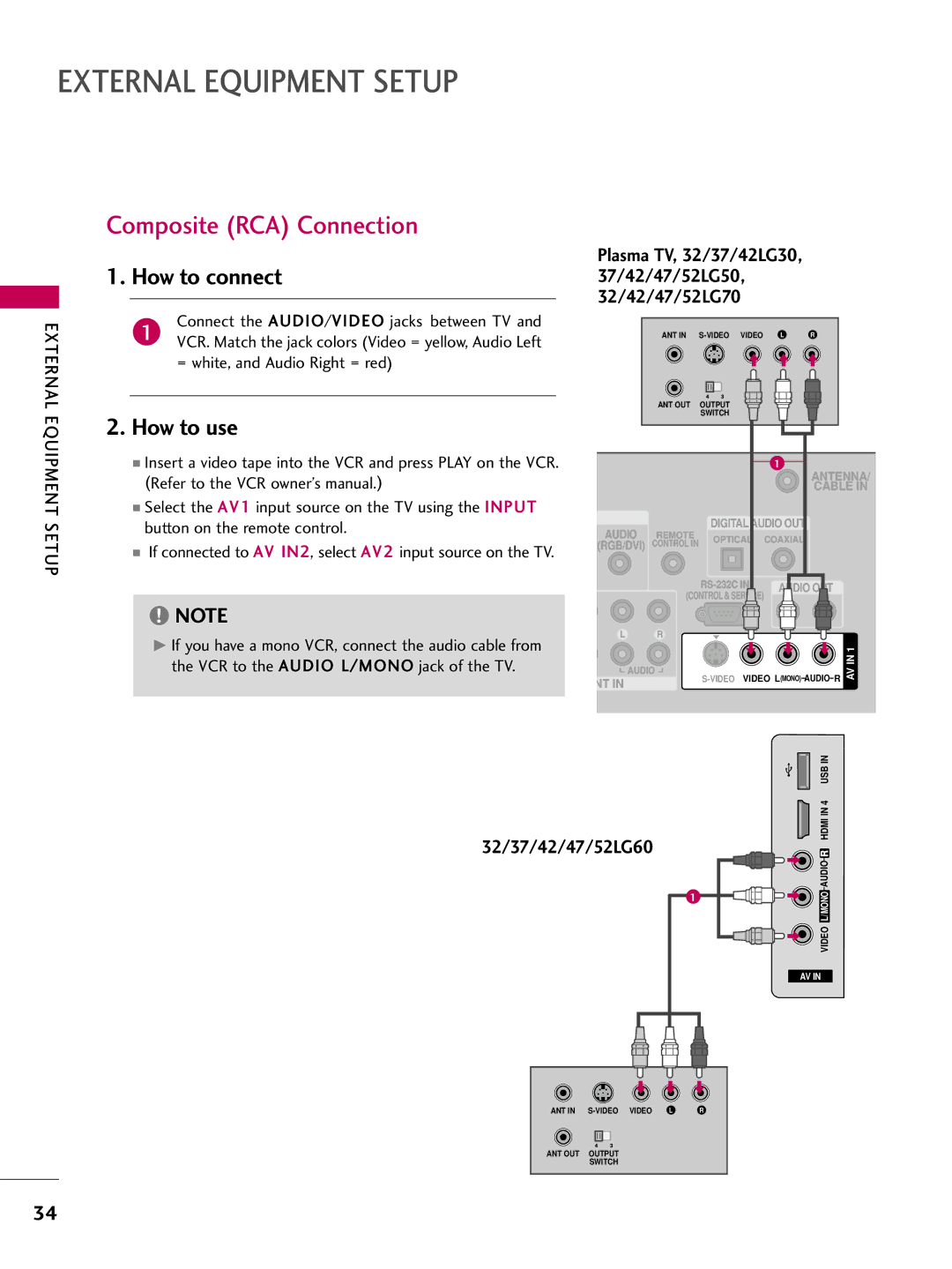 LG Electronics 50PG25, 60PG60, 5270, 5260 Composite RCA Connection, Select the AV1 input source on the TV using the Input 