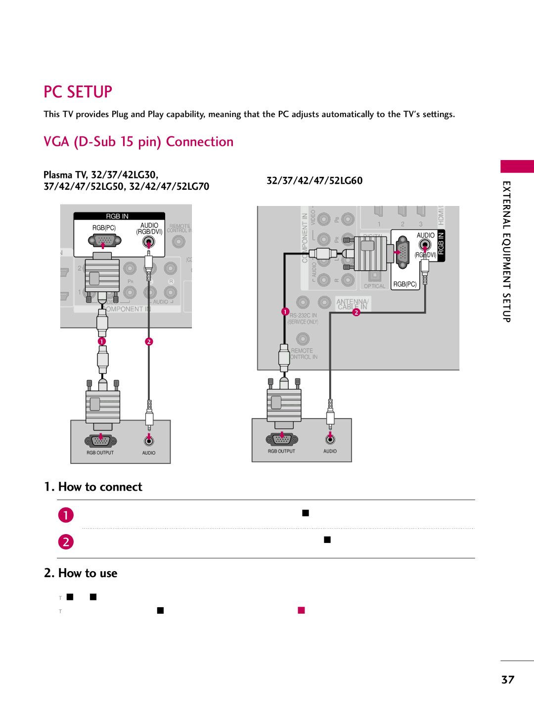 LG Electronics 5270, 60PG60, 5260, 50PG60, 4770, 4760, 42PG25, 4270, 4260, 4230, 4250, 3760 PC Setup, VGA D-Sub 15 pin Connection 