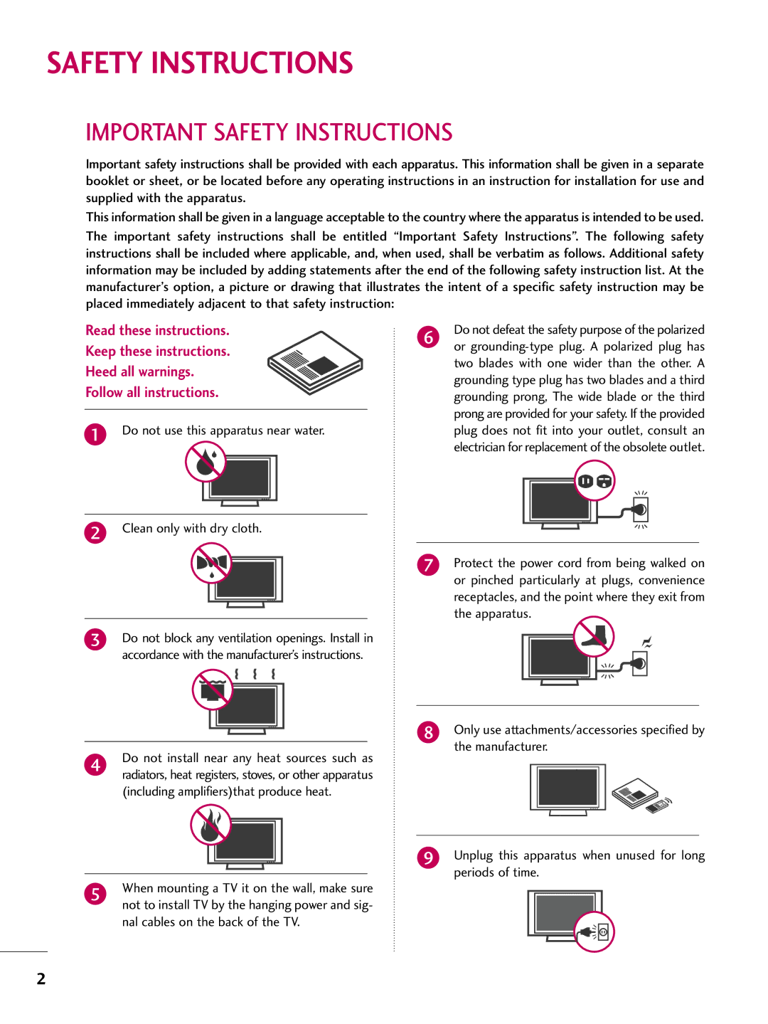 LG Electronics 4770, 60PG60, 5270, 5260, 50PG60, 4760, 42PG25, 4270, 4260, 4230, 4250, 3760, 3750 Important Safety Instructions 