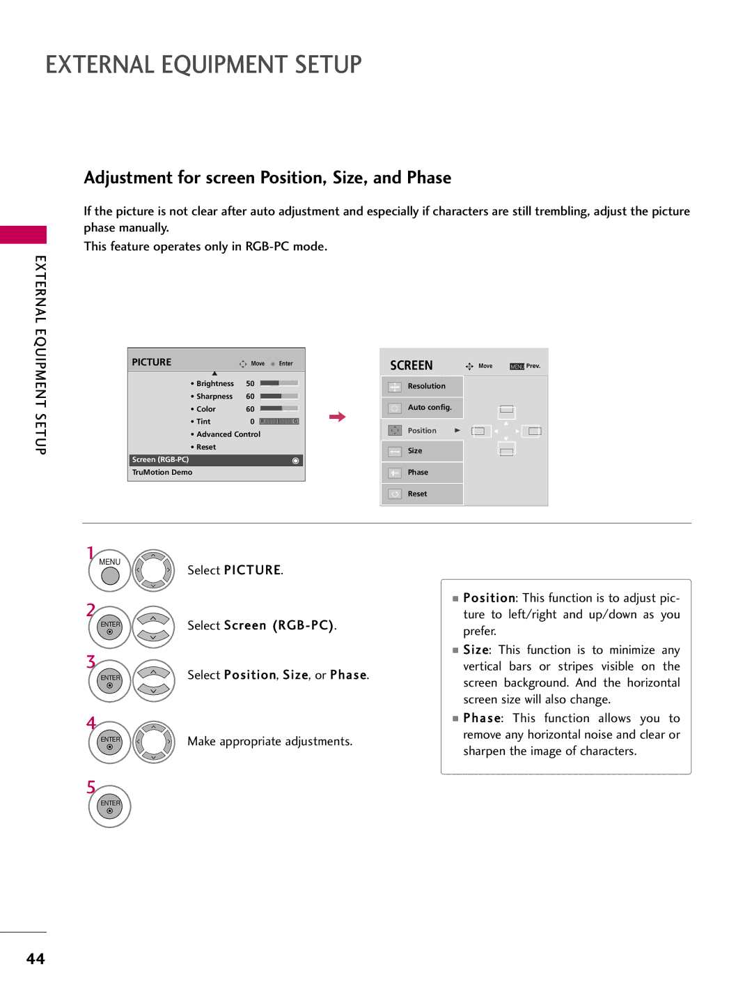 LG Electronics 4260, 60PG60, 5270, 5260, 50PG60, 4770, 4760, 42PG25, 4270, 4230 Adjustment for screen Position, Size, and Phase 