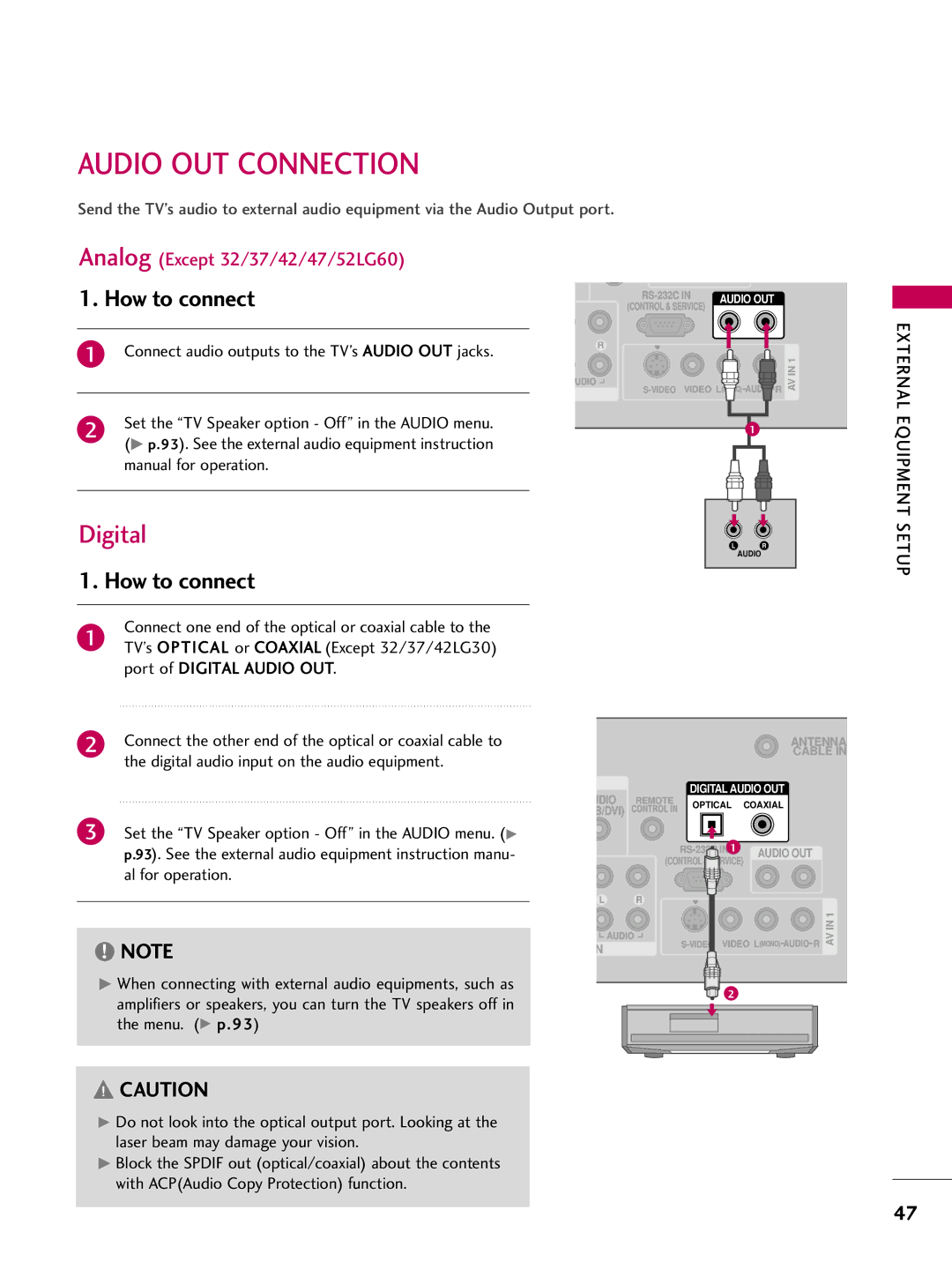 LG Electronics 3760, 60PG60, 5270, 5260, 50PG60, 4770, 4760, 42PG25 Audio OUT Connection, Digital, External Equipment, Setup 