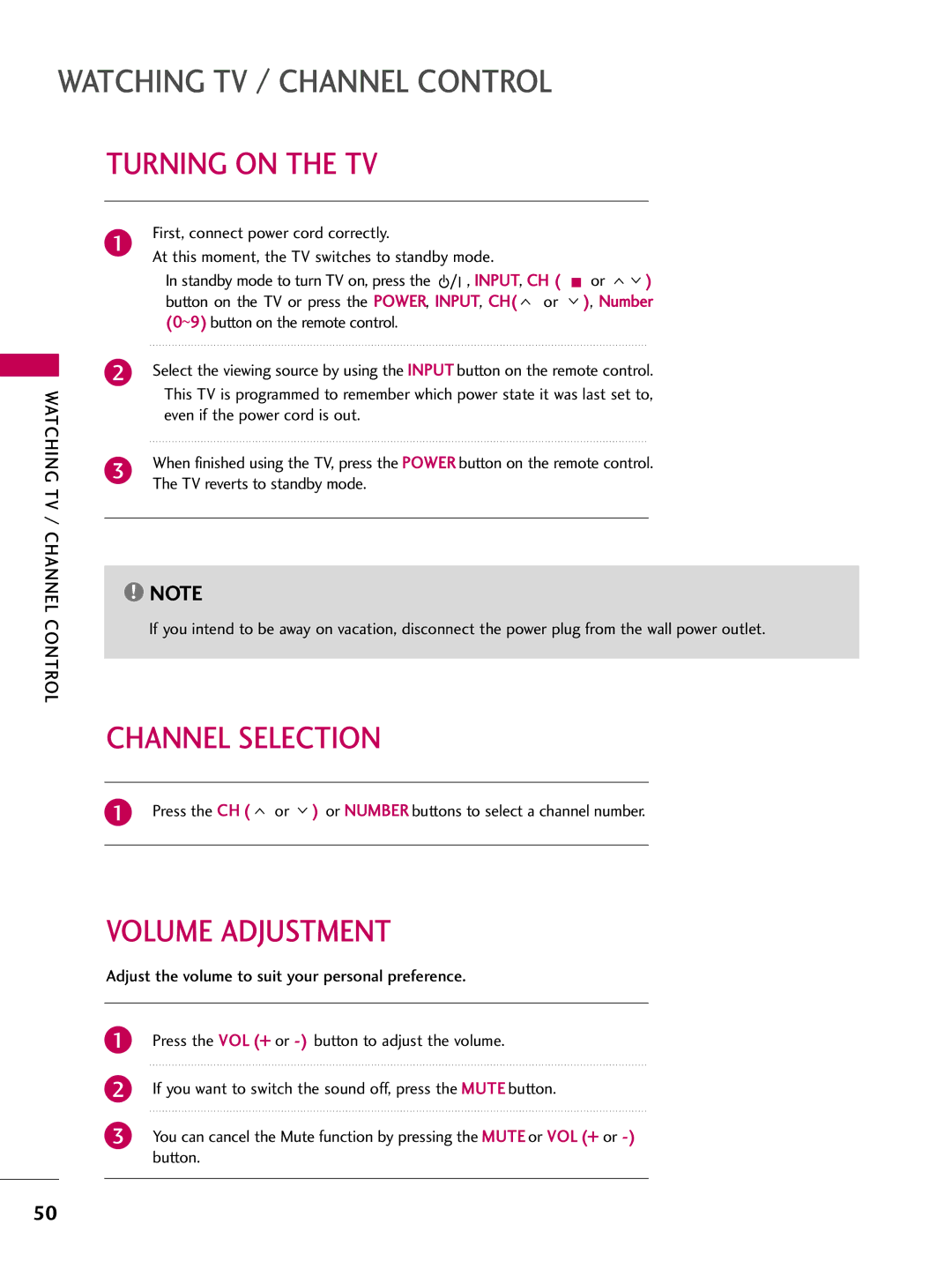 LG Electronics 3270, 60PG60, 5270, 5260, 50PG60, 4770, 4760, 42PG25, 4270 Turning on the TV, Channel Selection, Volume Adjustment 