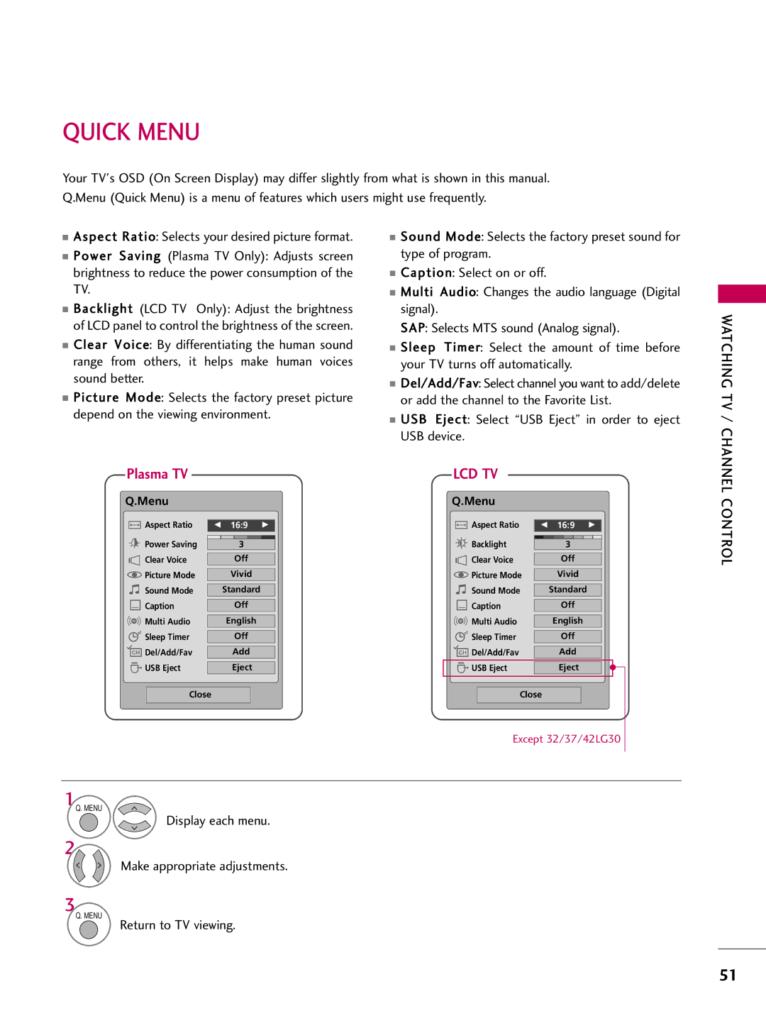 LG Electronics 3260, 60PG60, 5270 Quick Menu, USB Eject Select USB Eject in order to eject USB device, Return to TV viewing 