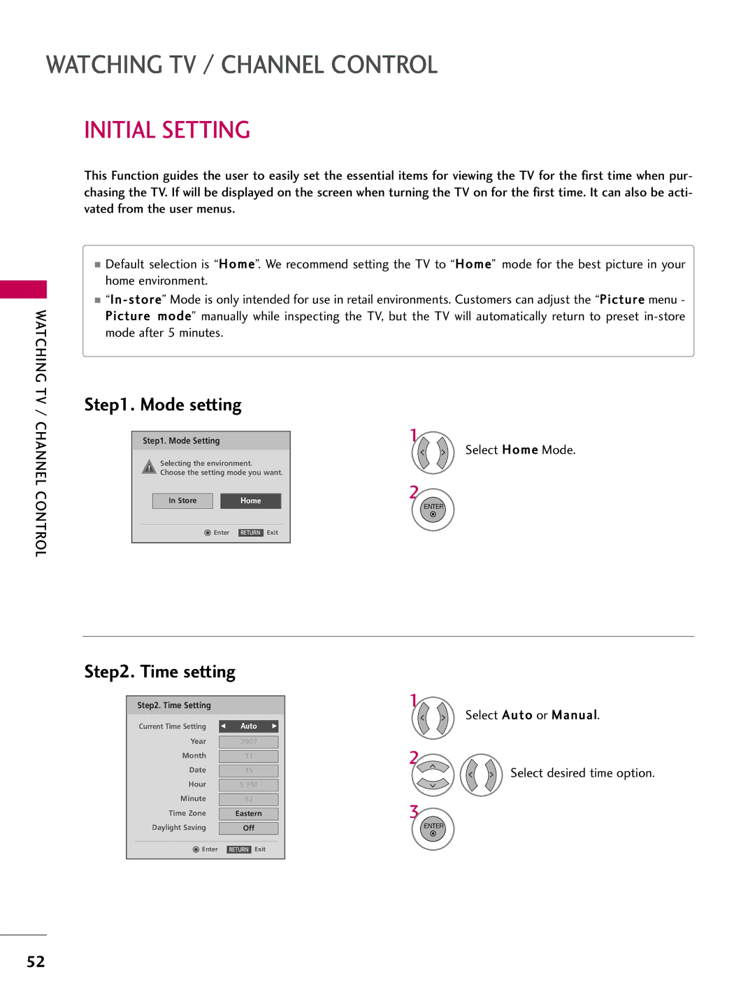 LG Electronics 4750, 60PG60, 5270, 5260, 50PG60, 4770, 4760, 42PG25, 4270 Initial Setting, Mode setting, Time setting, Control 