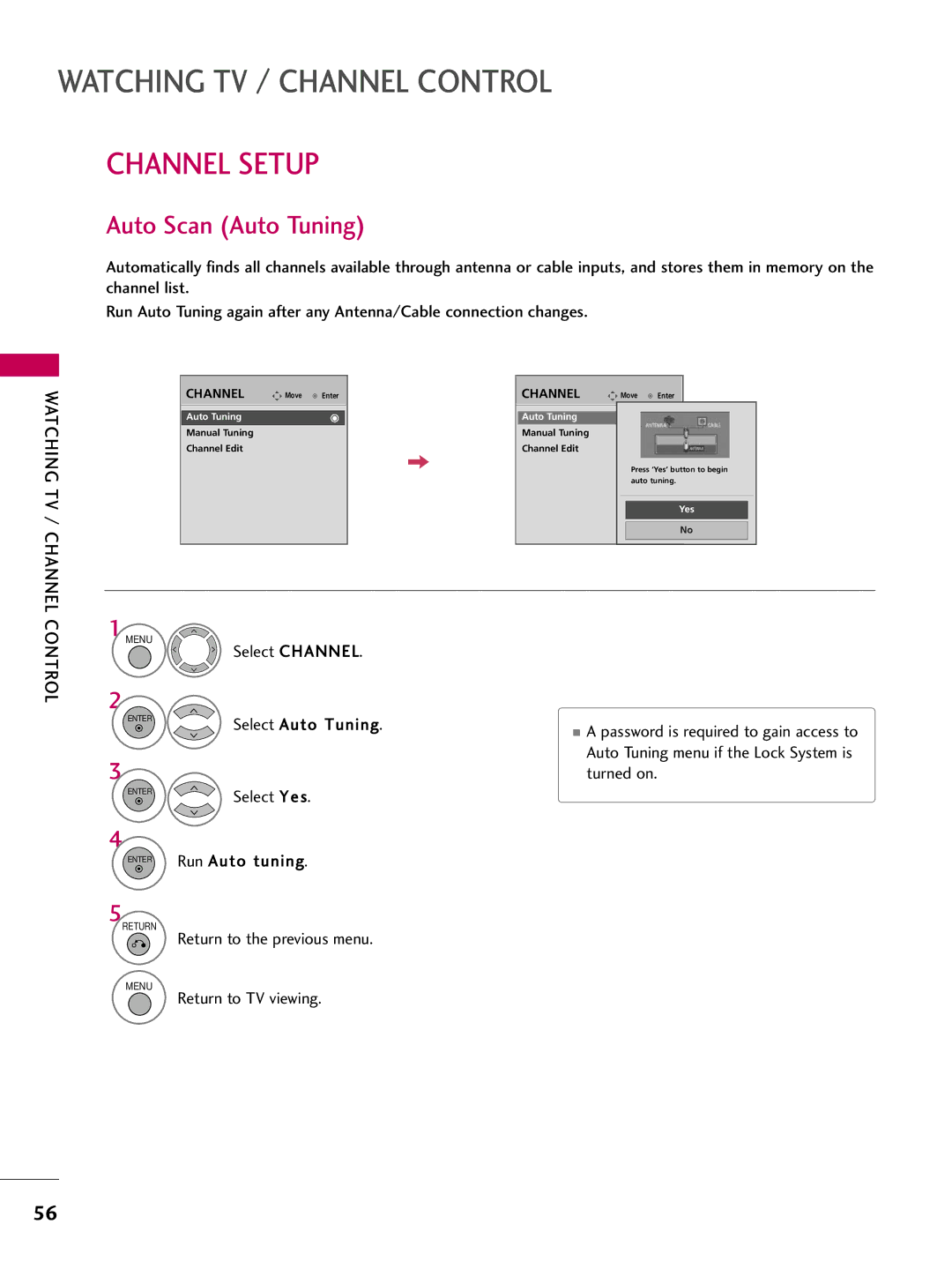 LG Electronics 5270, 60PG60, 5260, 50PG60, 4770, 4760, 42PG25, 4270, 4260 Channel Setup, Auto Scan Auto Tuning, Select Channel 