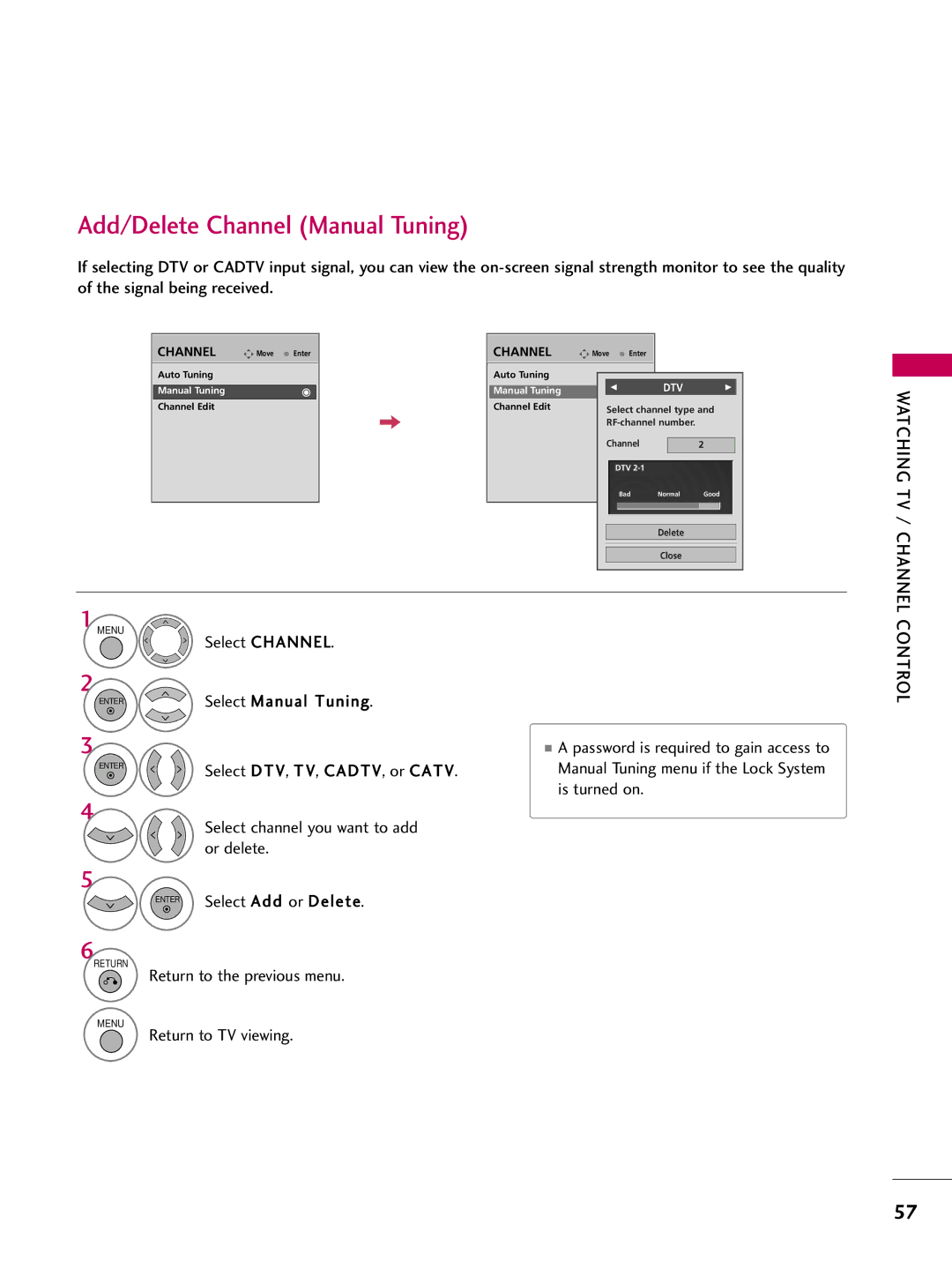 LG Electronics 5260, 60PG60, 5270 Add/Delete Channel Manual Tuning, Select Manual Tuning, Select DTV, T V, CADTV, or Catv 