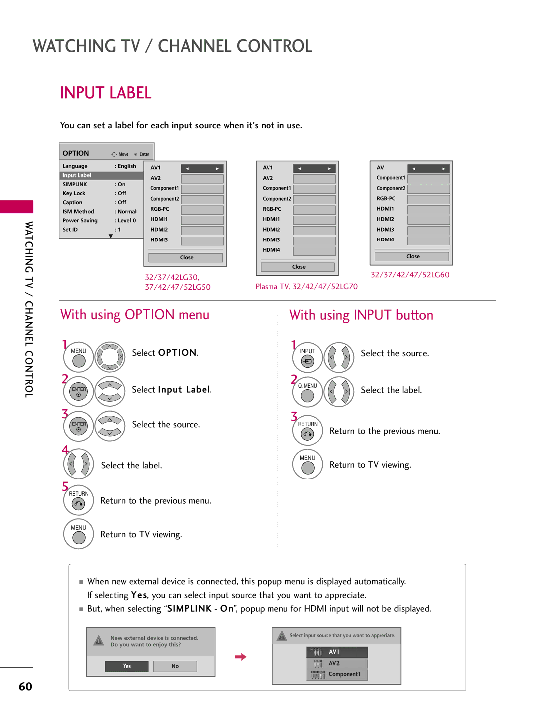 LG Electronics 4760, 60PG60, 5270, 5260, 50PG60 Input Label, With using Option menu, With using Input button, Watching TV 