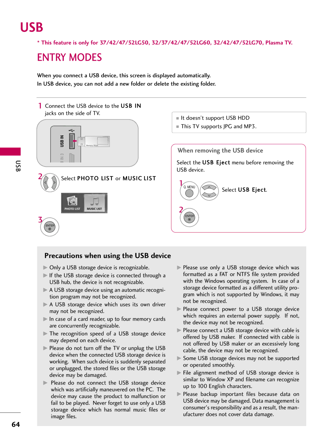 LG Electronics 4230, 60PG60, 5270, 5260, 50PG60, 4770, 4760, 42PG25, 4270, 4260, 4250, 3760, 3750, 3730, 3270, 3260 Usb, Entry Modes 