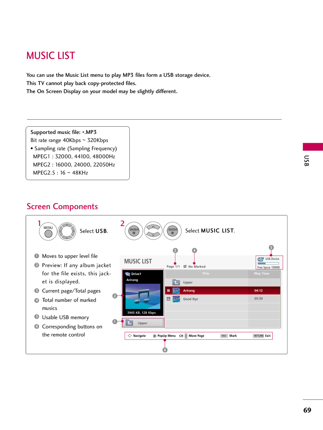 LG Electronics 3270, 60PG60, 5270, 5260, 50PG60, 4770, 4760, 42PG25, 4270, 4260, 4230, 4250, 3760 Select USB Select Music List 