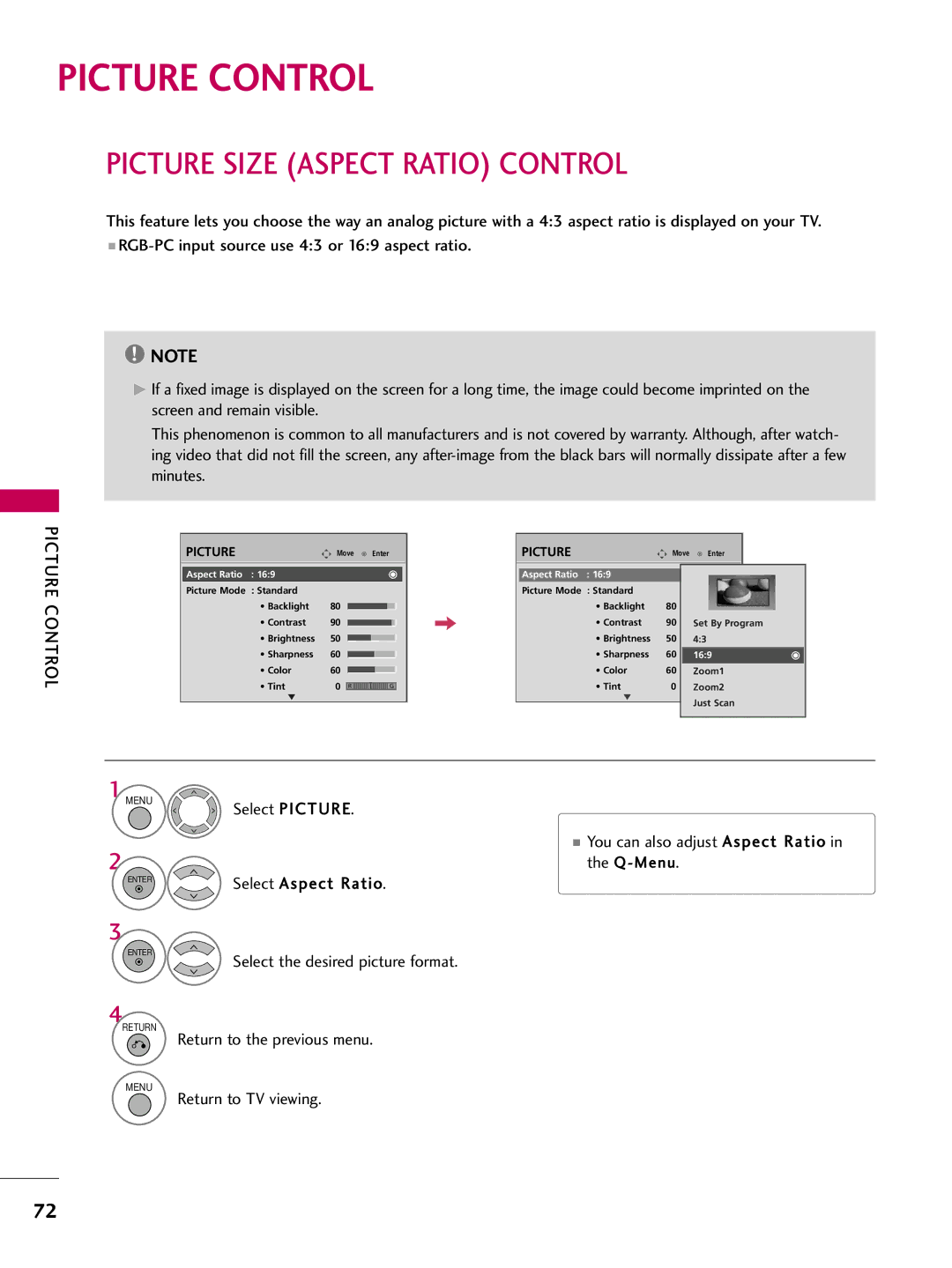 LG Electronics 50PG25, 60PG60, 5270, 5260, 50PG60, 4770, 4760, 42PG25, 4270 Picture Control, Picture Size Aspect Ratio Control 