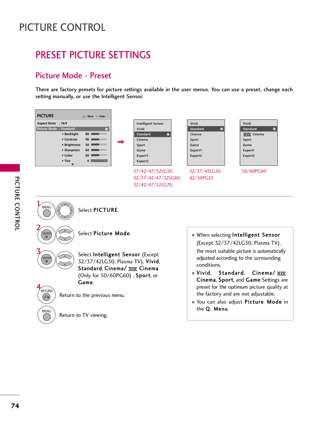 LG Electronics 60PG60, 5270, 5260, 50PG60, 4770, 4760, 42PG25 Preset Picture Settings, Picture Mode Preset, Select Picture Mode 