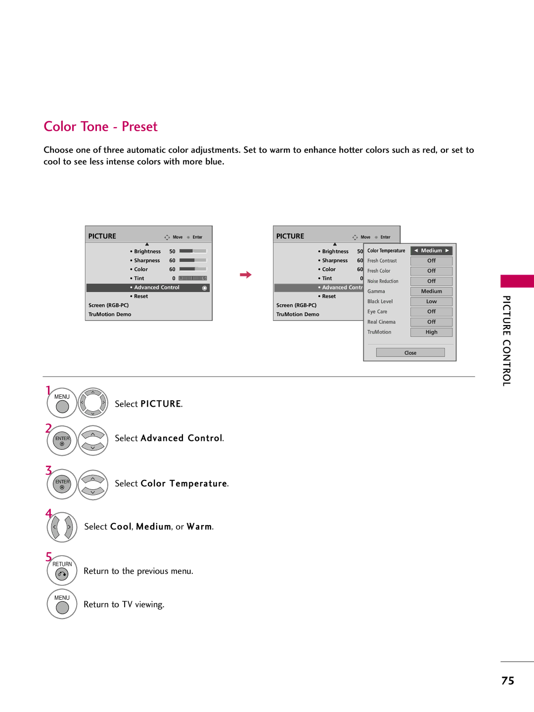 LG Electronics 5270, 60PG60, 5260, 50PG60, 4770, 4760, 42PG25, 4270, 4260, 4230, 4250, 3760 Color Tone Preset, Advanced ControlGamma 