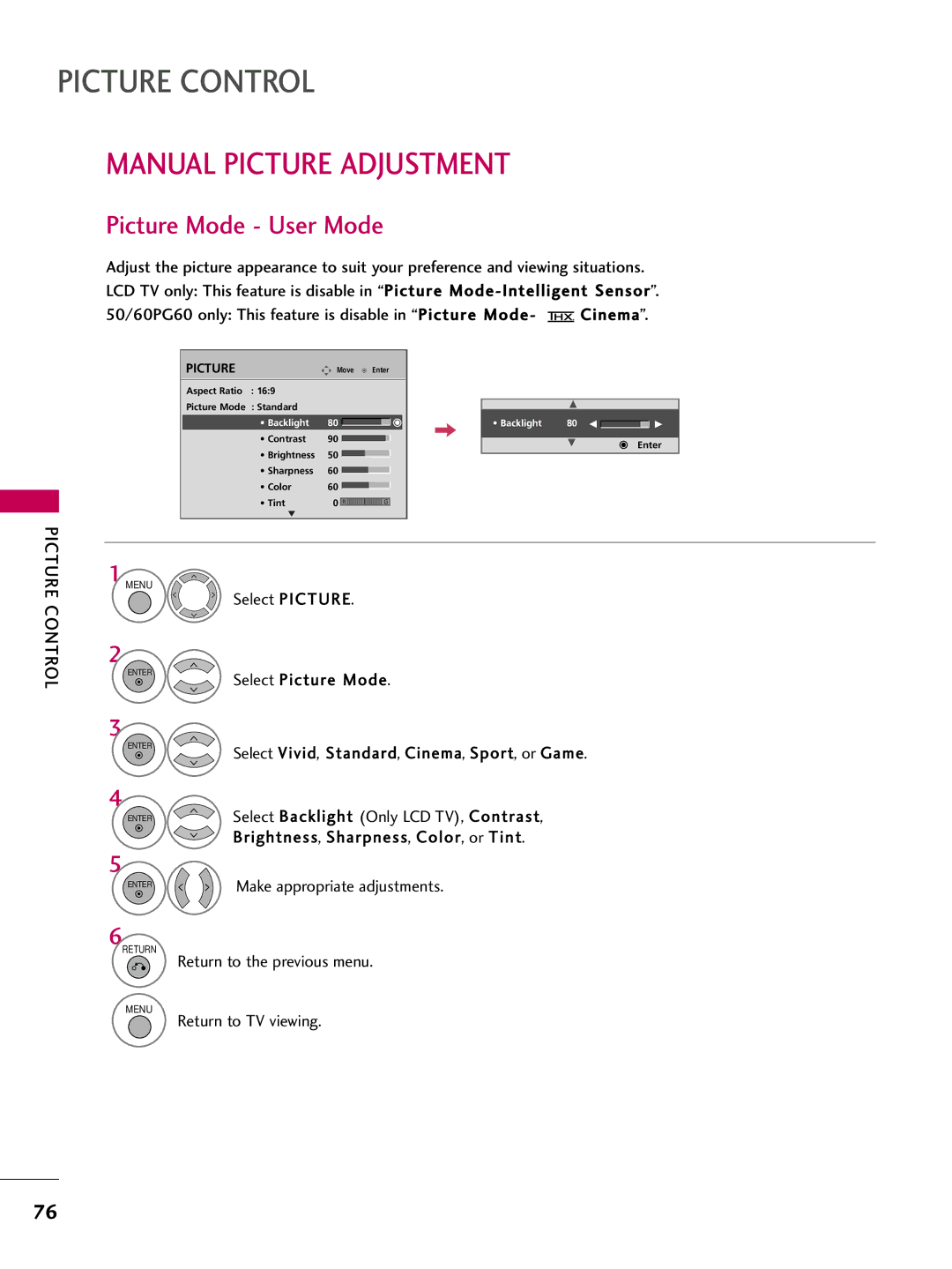 LG Electronics 5260, 60PG60, 5270 Manual Picture Adjustment, Picture Mode User Mode, Brightness, Sharpness, Color, or Tint 