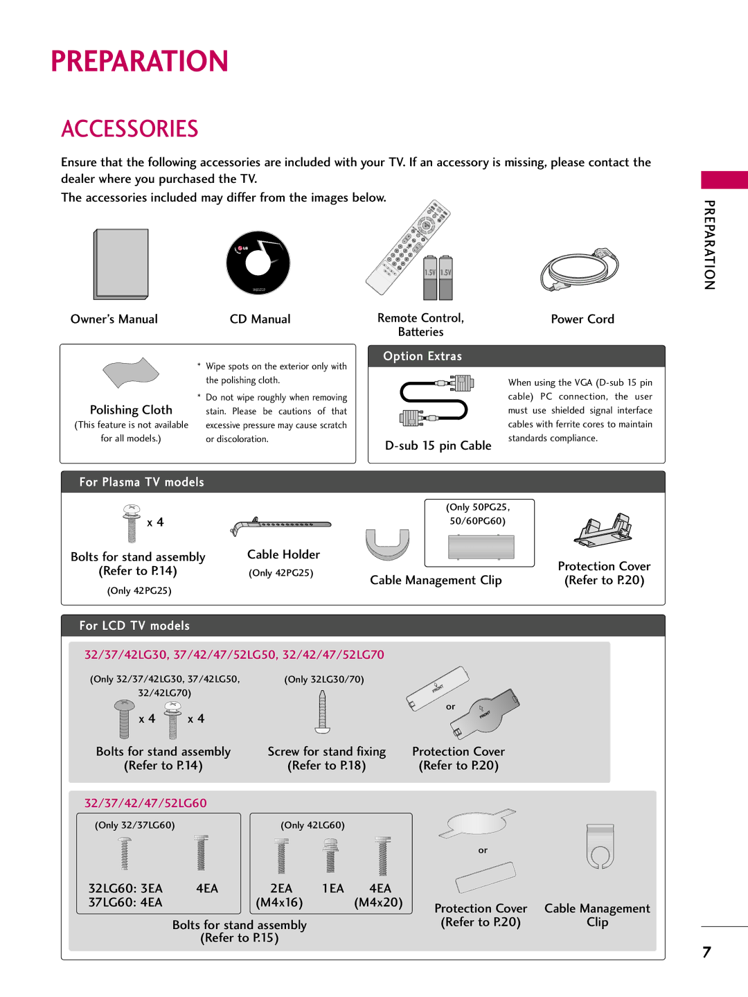 LG Electronics 4230, 60PG60, 5270, 5260, 50PG60, 4770, 4760, 42PG25, 4270, 4260, 4250, 3760 Preparation, Accessories, 1EA 4EA 