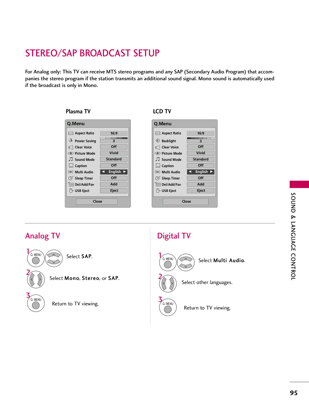 LG Electronics 5260, 60PG60, 5270, 50PG60, 4770, 4760, 42PG25, 4270 STEREO/SAP Broadcast Setup, Analog TV, Digital TV, Plasma TV 