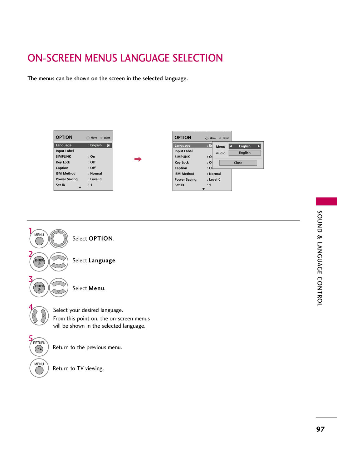 LG Electronics 4770, 60PG60 ON-SCREEN Menus Language Selection, Menus can be shown on the screen in the selected language 