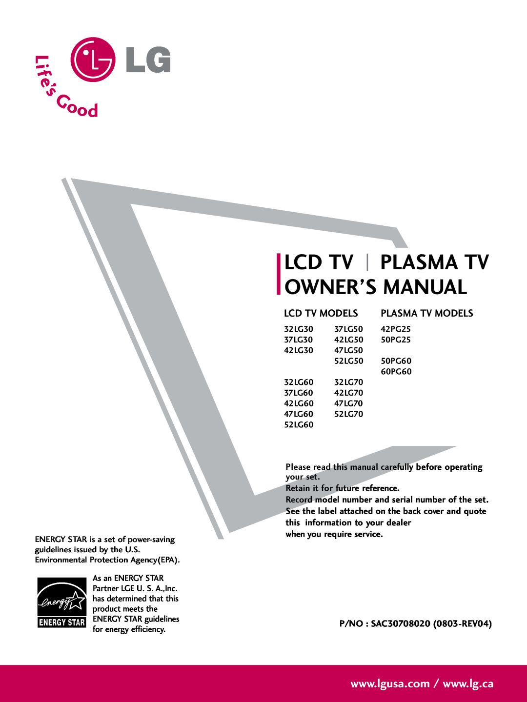 LG Electronics 5270, 60PG60 owner manual Plasma Tv Models, Lcd Tv Models, Retain it for future reference, Owner’S Manual 