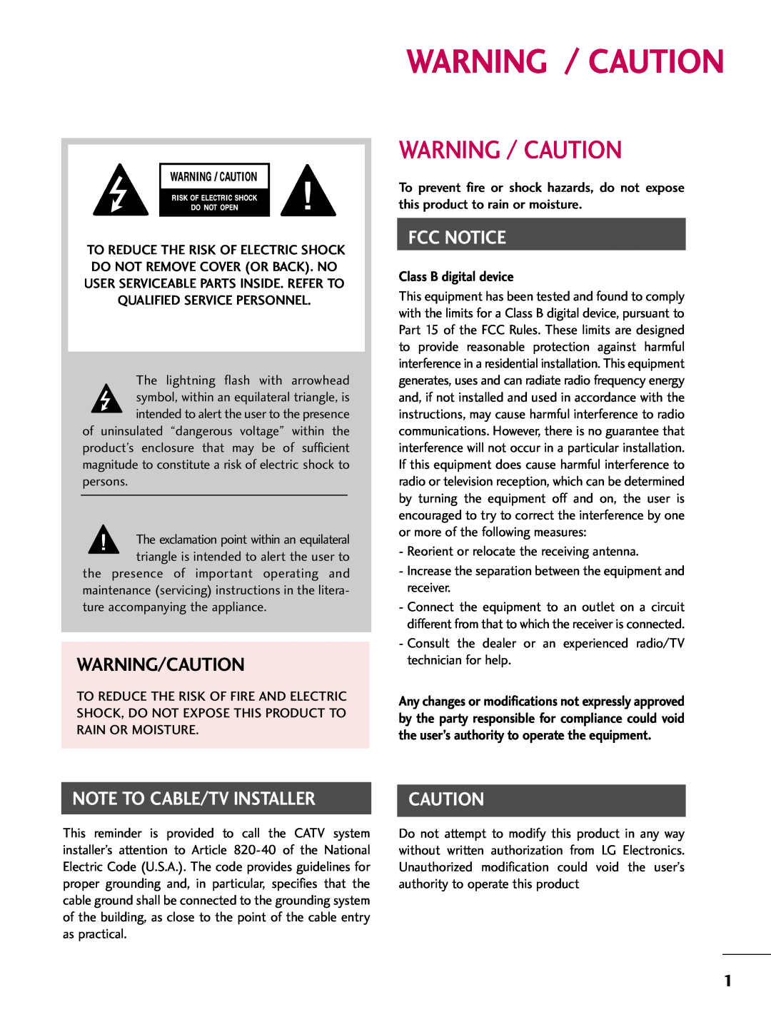LG Electronics 50PG60 Warning / Caution, Warning/Caution, Class B digital device, Fcc Notice, Note To Cable/Tv Installer 