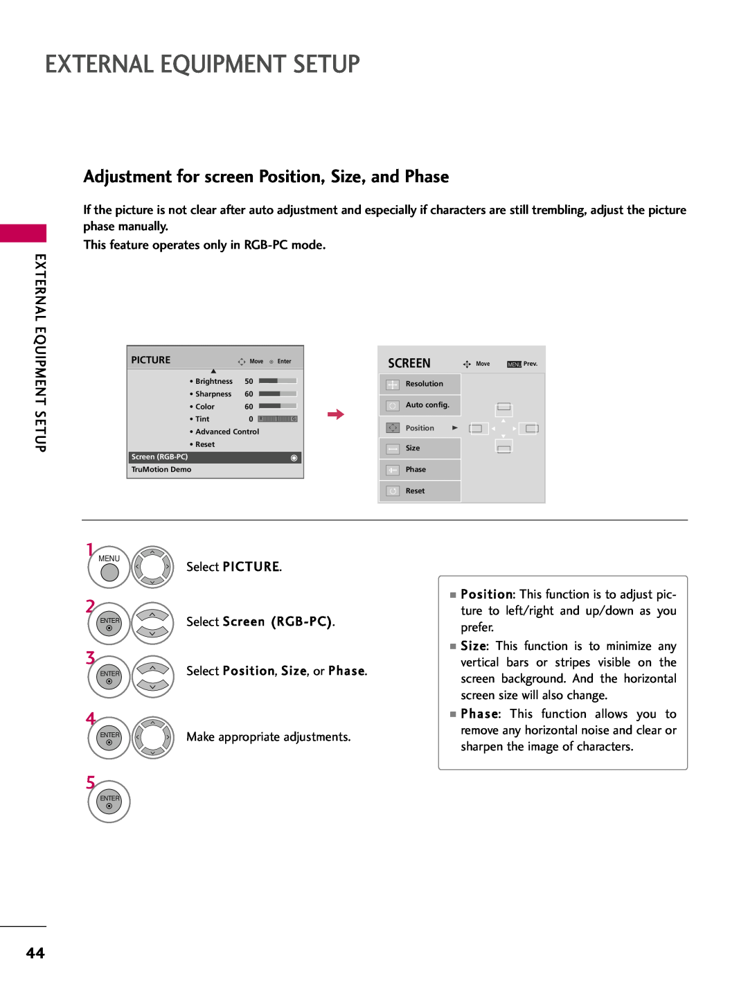 LG Electronics 4260, 60PG60, 5270, 5260 Adjustment for screen Position, Size, and Phase, External Equipment Setup, Screen 