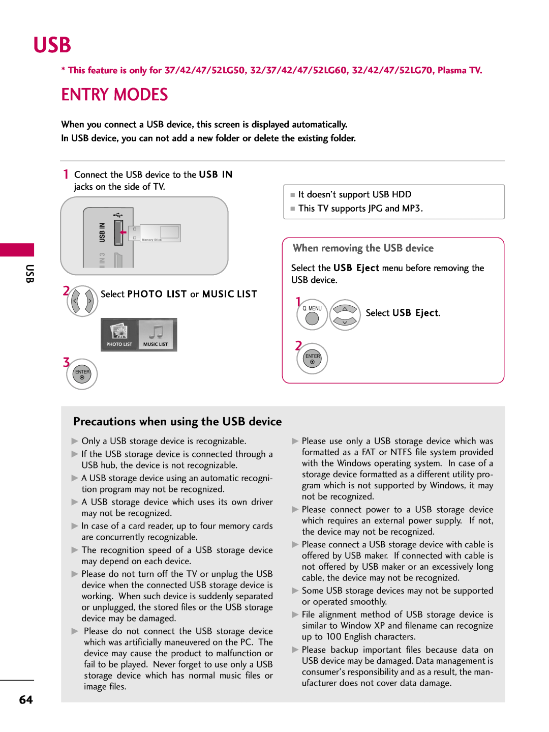 LG Electronics 4230, 60PG60, 5270, 5260 Entry Modes, Precautions when using the USB device, When removing the USB device 