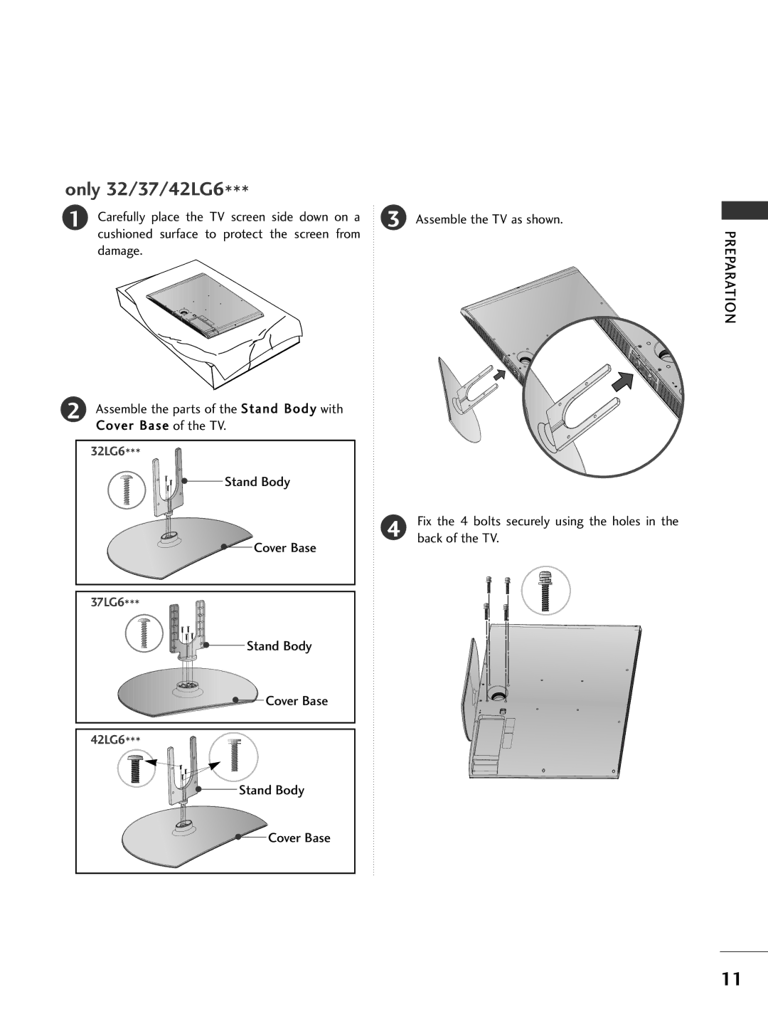 LG Electronics 50PG6***, 60PG7***, 60PG6***, 527***, 50PG7*** Only 32/37/42LG6, Stand Body Cover Base Fix the 4 bolts 