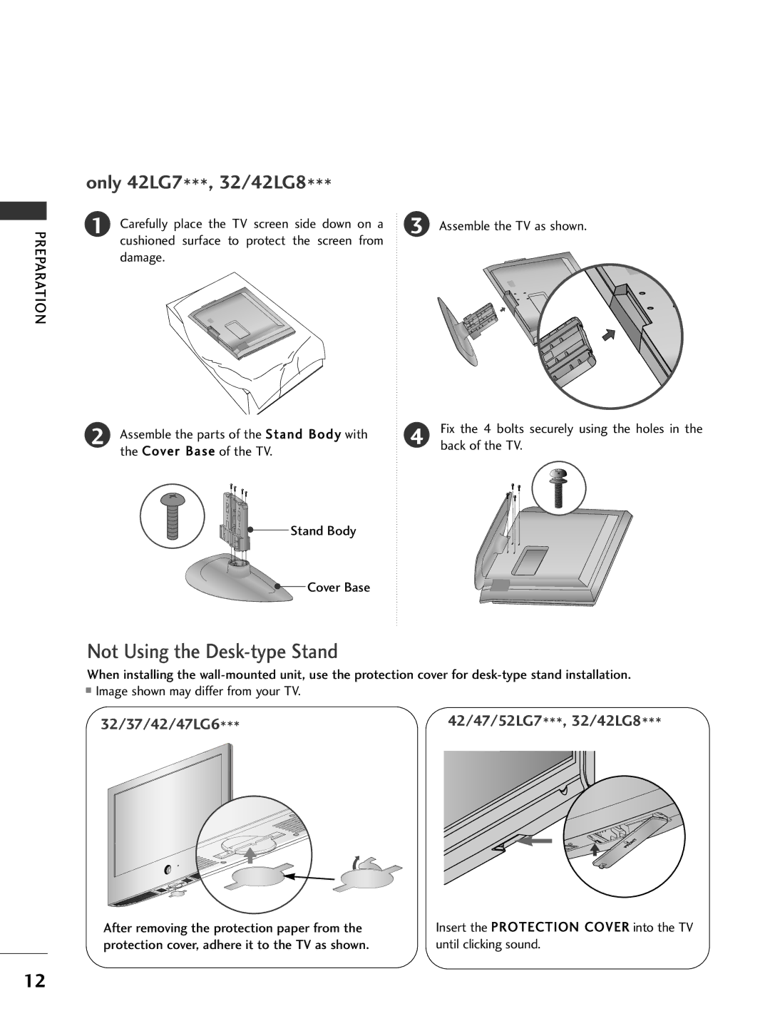 LG Electronics 50PG3***, 60PG7*** Only 42LG7***, 32/42LG8, Insert the Protection Cover into the TV until clicking sound 