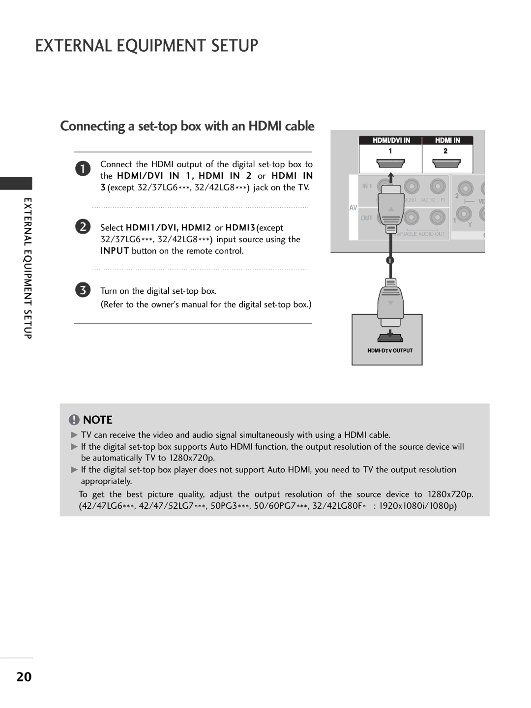 LG Electronics 428***, 60PG7***, 60PG6***, 527*** Connecting a set-top box with an Hdmi cable, External Equipment Setup 